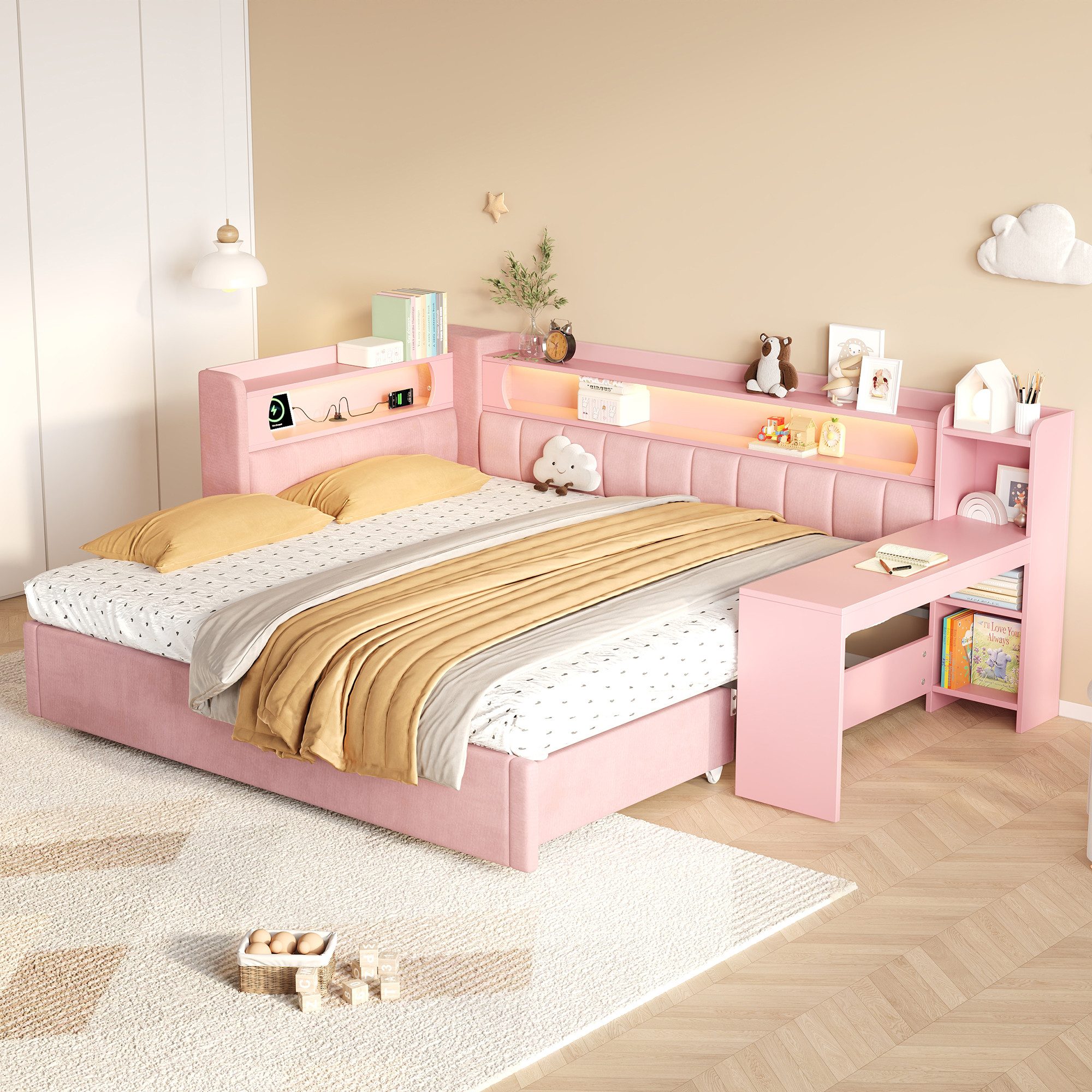 Ulife Daybett gepolstertes Tagesbett mit LED-Beleuchtung und USB-Anschluss, Ausziehbar von 90x200 auf 180x200 cm mit integriertem Schreibtisch