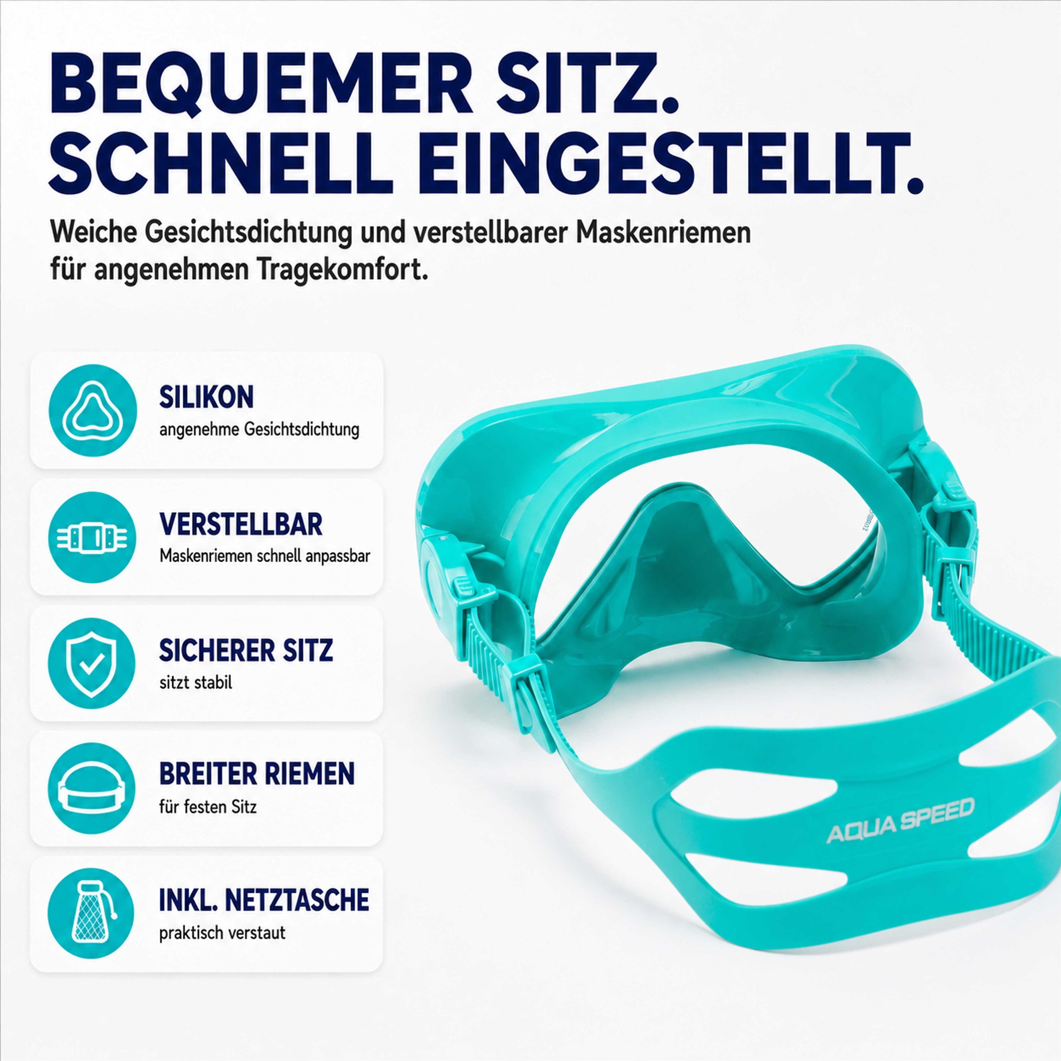 Aqua Speed Schnorchel Carprera & Elba Tauchmaske und Schnorchel Set, Taucher Set (Schwimmmaske mit gehärtetem Glas), Taucherbrille Stoffband Einzellinse – Bild 4 von 5