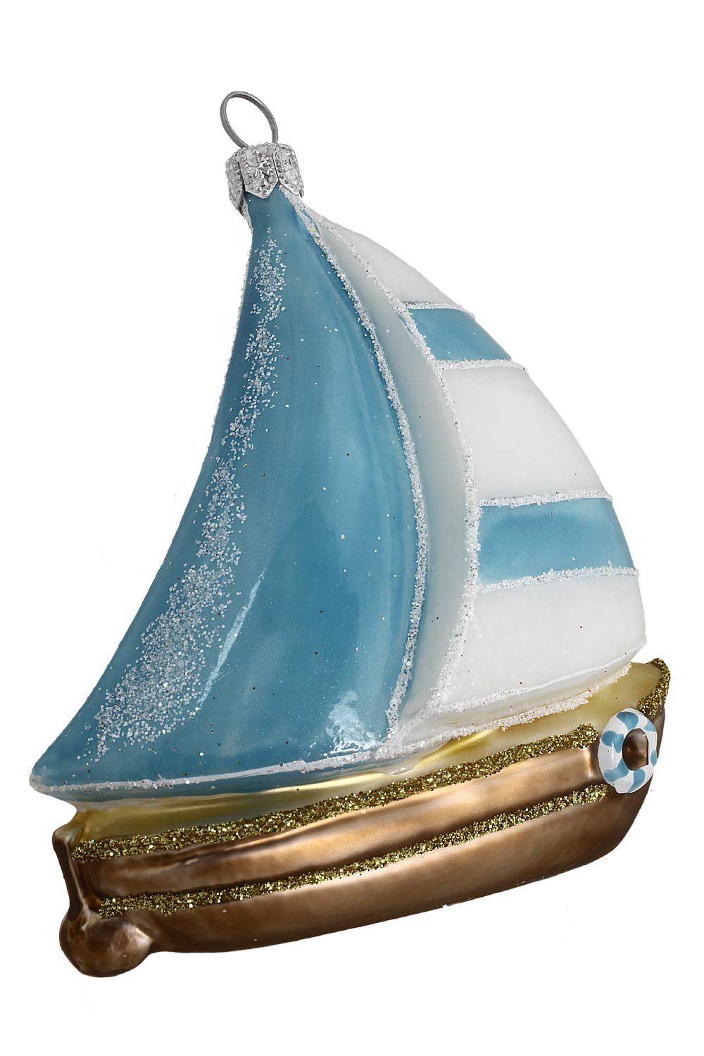 Hamburger Weihnachtskontor Segelschiff - mundgeblasen handdekoriert blau-weiß, Christbaumschmuck - Dekohänger