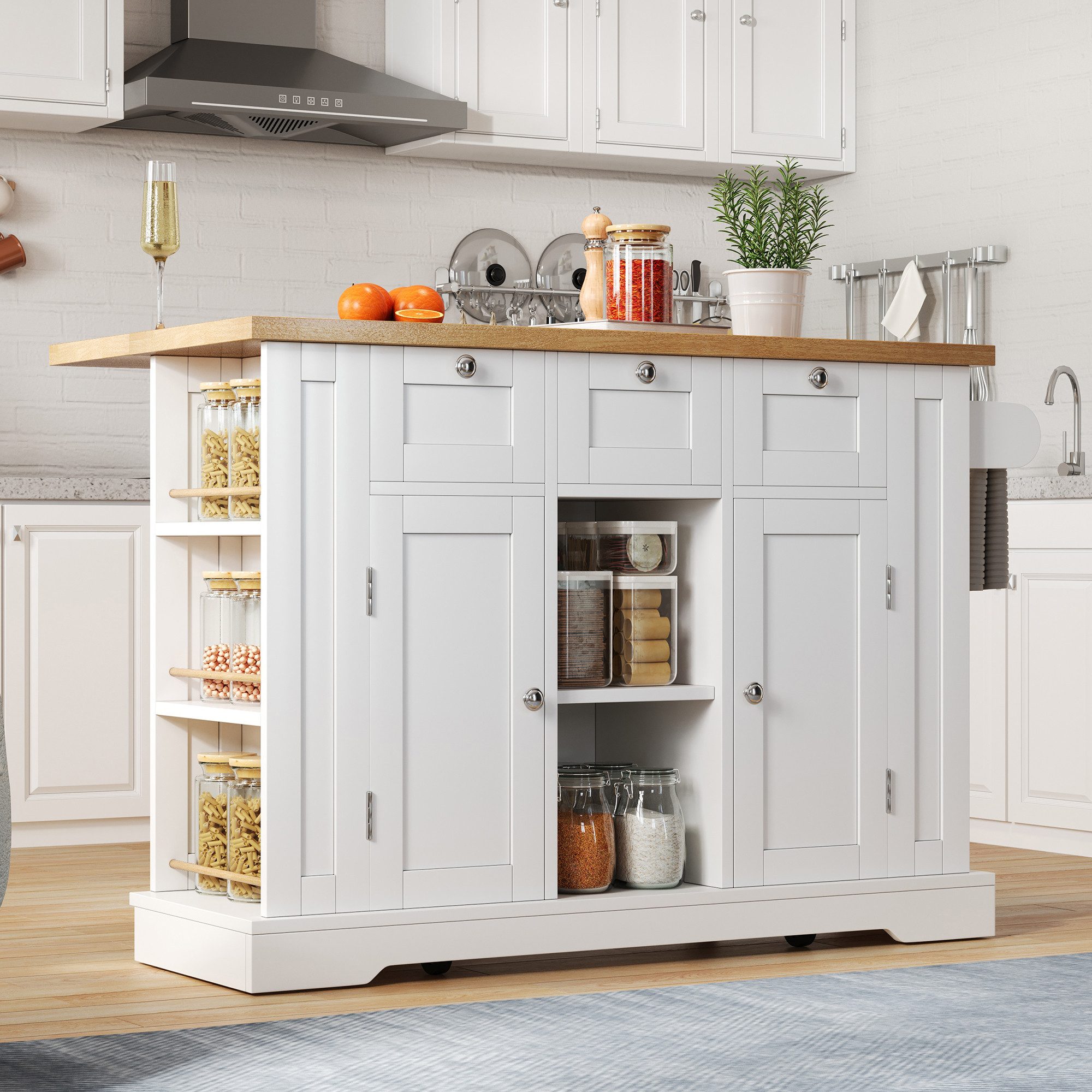 Küchenwagen 132cm Mobiler Küchentisch, Landhausstil, klappbare Arbeitsplatte