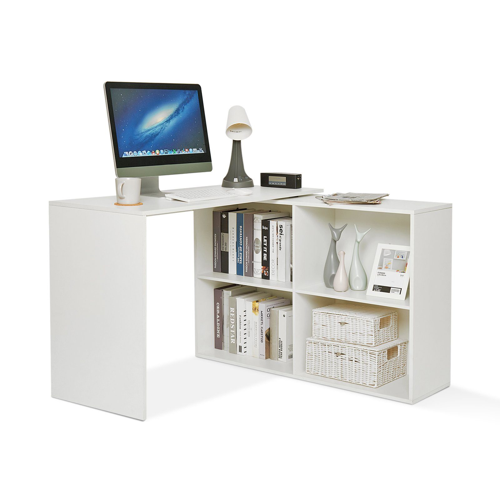 Schreibtisch mit Weiß Ablagen Links/Richtig, Eckschreibtisch Umkehrbarer Computertisch, L-Förmig 4 Mondeer