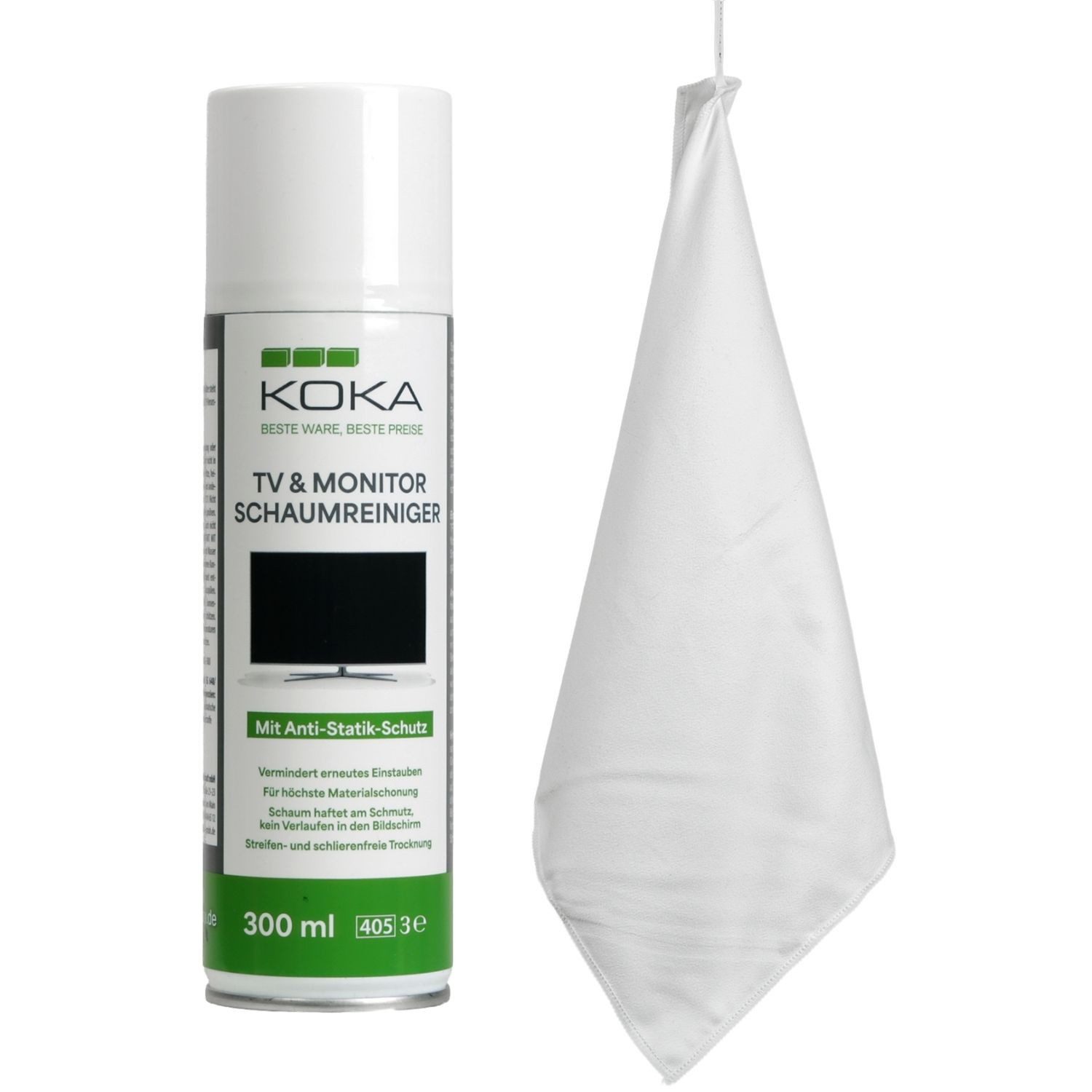 KOKA TV Reinigungsschaum Spray 300ml + Mikrofasertuch Schaumreiniger (Schaumreiniger 300ml Dose + Mikrofasertuch Set Reinigung Schaum + Tuch TV OLED LCD LED TFT Fernseher PC Monitor)
