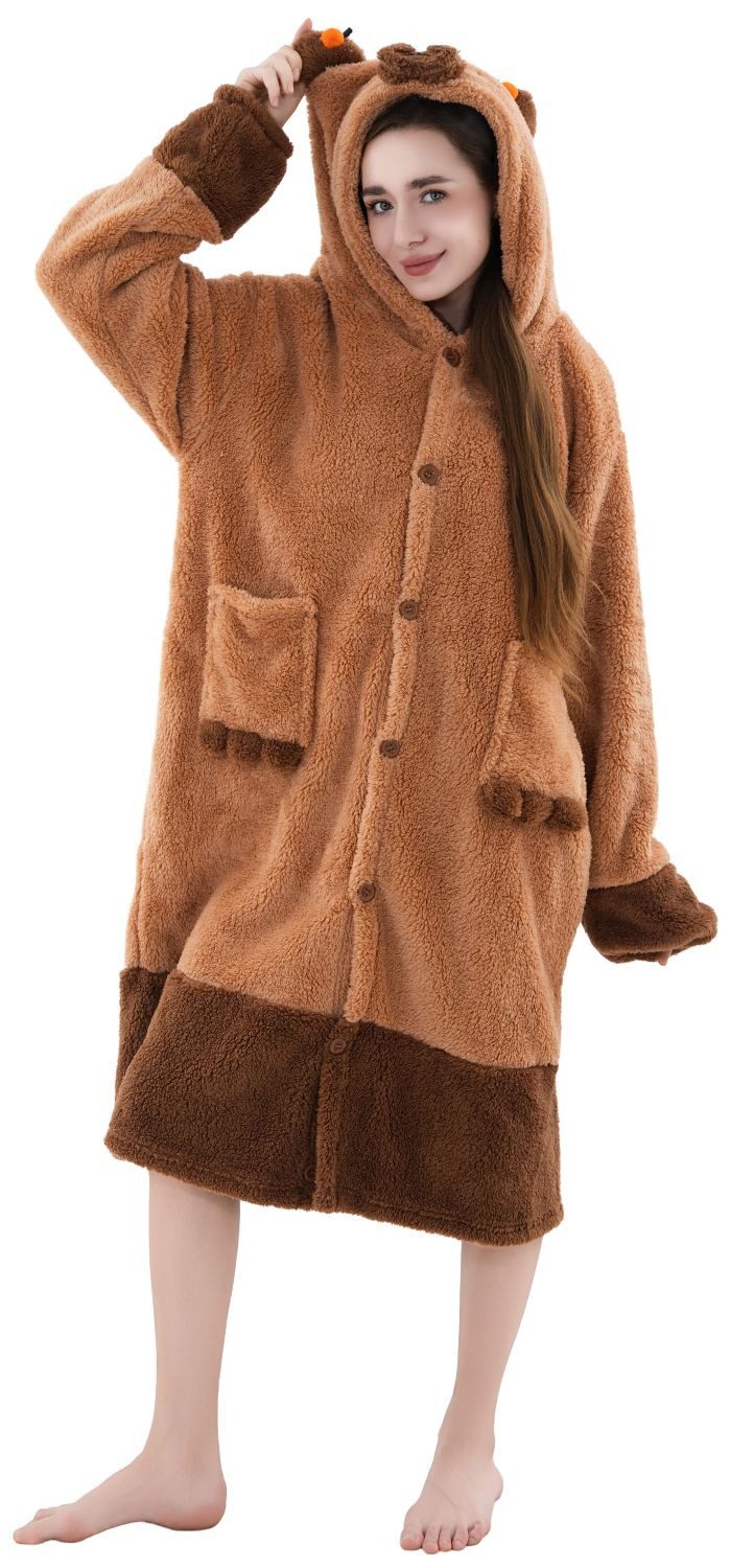 Corimori Plüschjacke Flauschiger Oversize Kuschel Deckenmantel + Kapuze passt bis Bauchumfang 140cm, Größenvergleich: Das Model ist 1,75m groß – Bild 3 von 5