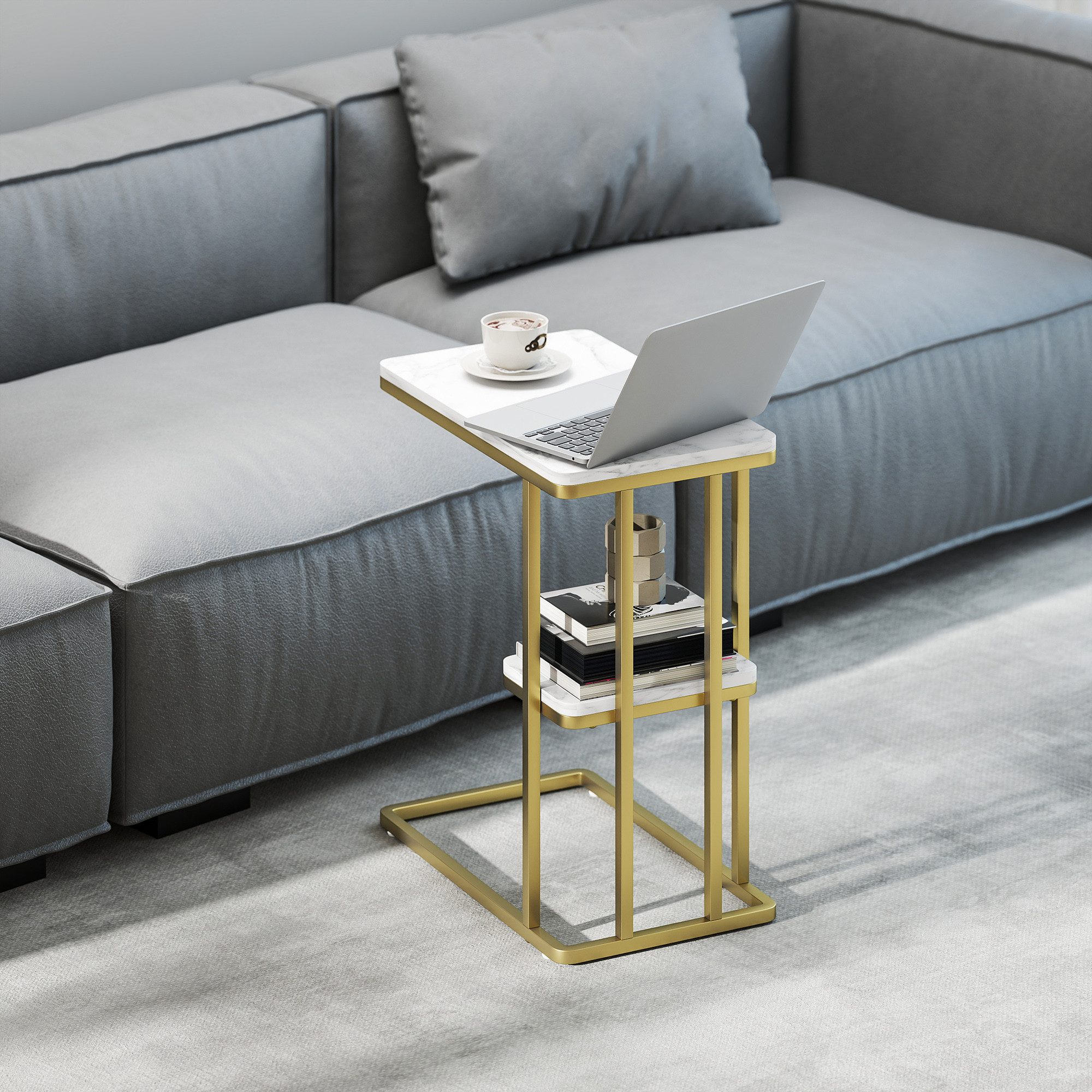 HOMCOM Beistelltisch schmaler Couchtisch mit Stauraum (Set, 1-St., 1 Tisch), C-Form, 2 Ebenen, Marmoroptik