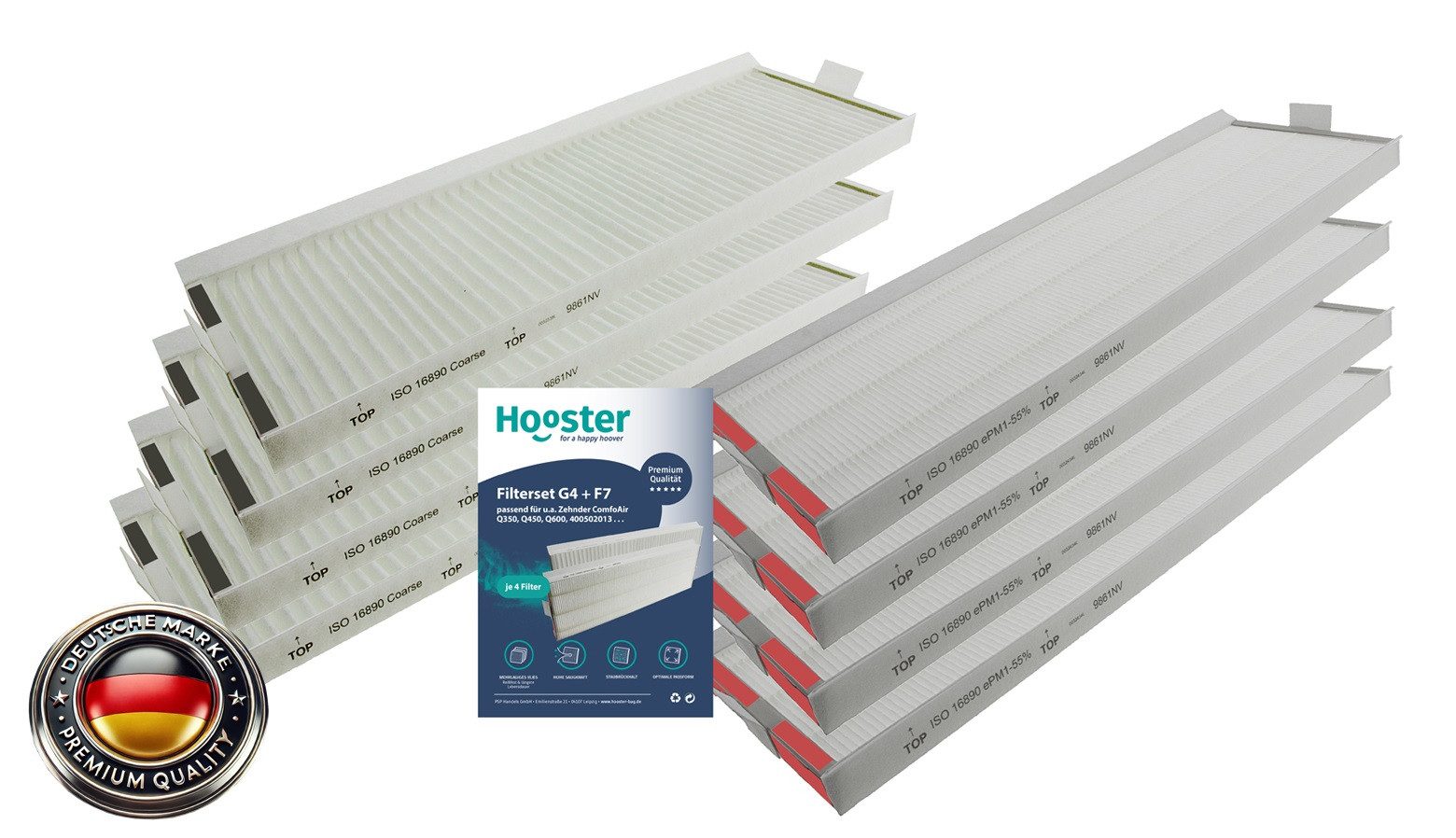 Hooster Luftfilter für Zehnder ComfoAir Q350 (NICHT ComfoAir 350) / Q450 / Q600, Filter in den Filterklassen G4 und F7 je 4 Stück