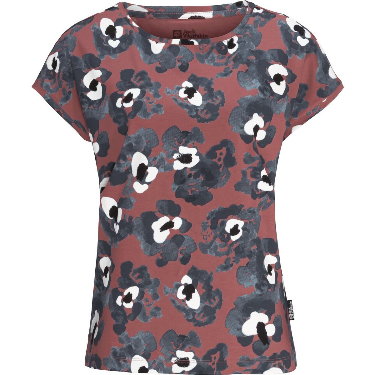 Jack Wolfskin Kurzarmshirt Florell T W Leichtes, pflegeleichtes T-Shirt aus Bio-Baumwolle mit floralem