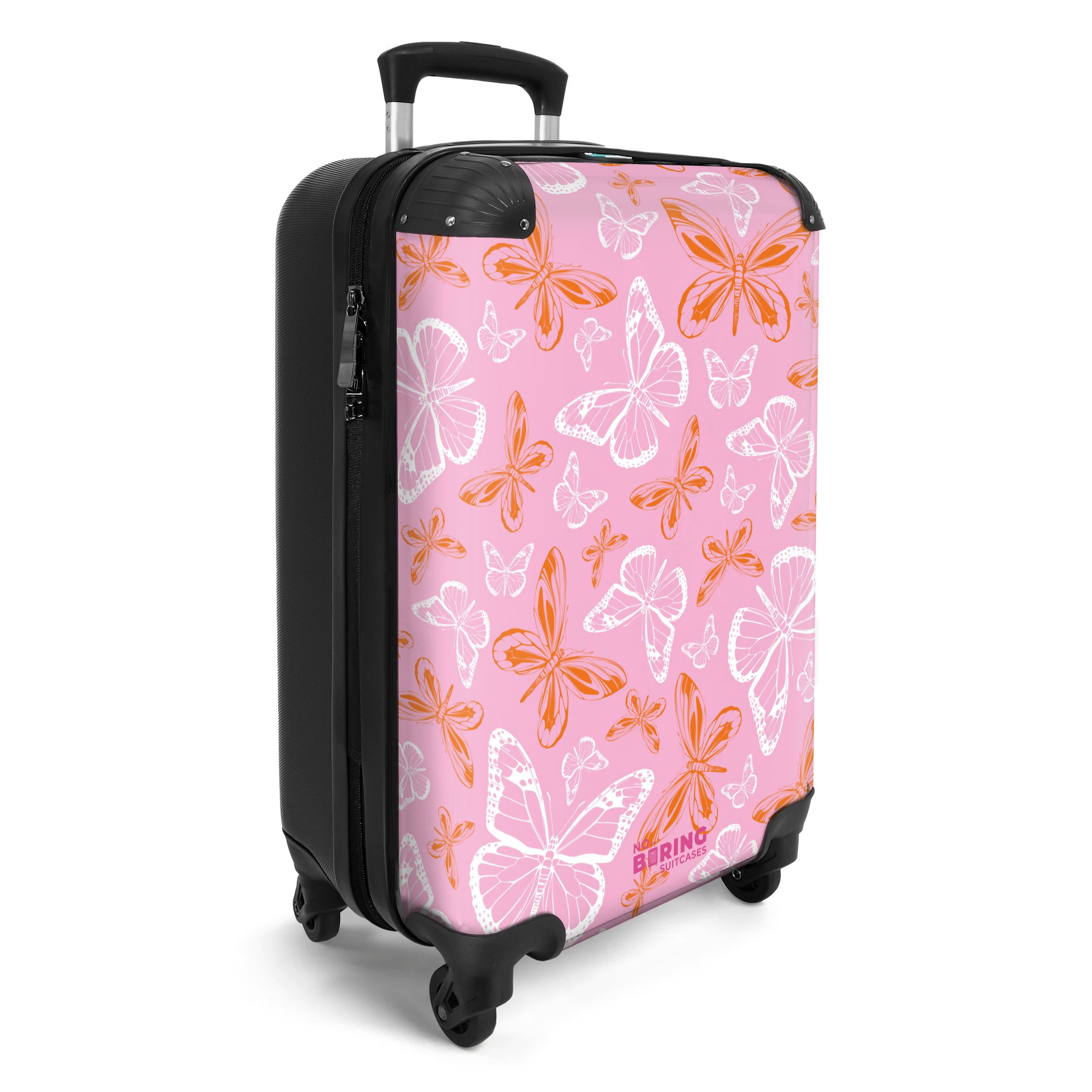 NoBoringSuitcases.com© Hartschalen-Trolley Muster aus bunten Schmetterlingen 55x35x20cm, 4 Rollen, Reisetasche mit Rollen, Koffer Handgepäck Flugzeug