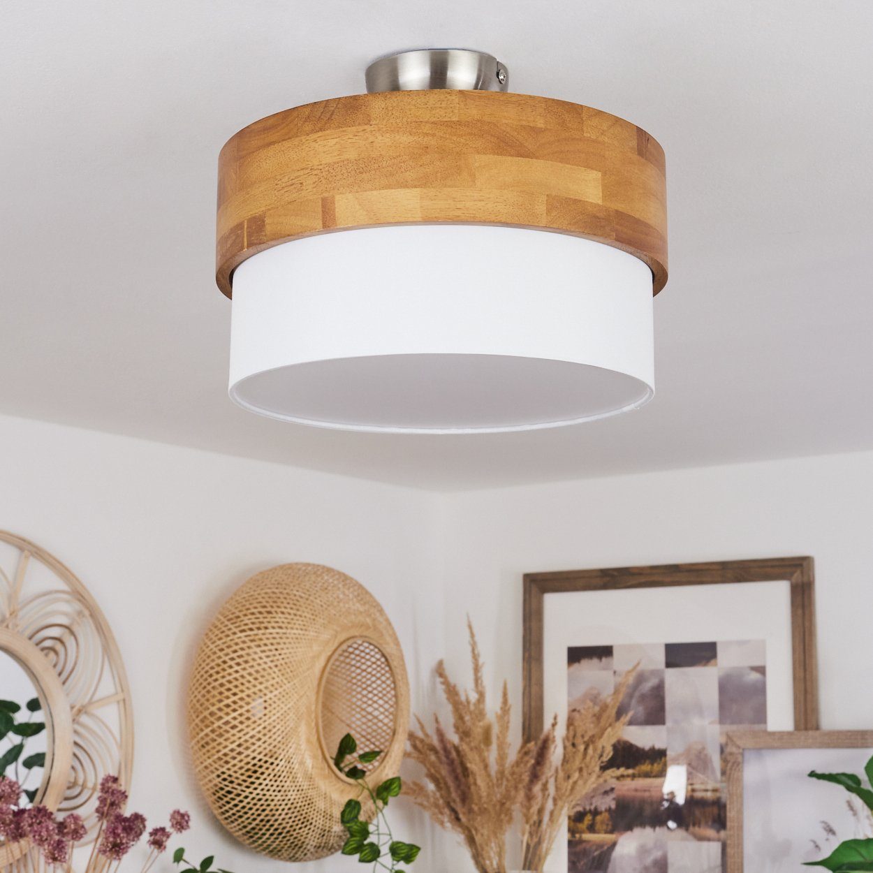 hofstein Deckenleuchte »Campitello« Deckenlampe aus Metall/Holz/Stoff, Nickel-matt/Natur/Weiß, ohne Leuchtmittel, Leuchte im skandinavischen Design, Ø30cm, 2xE14