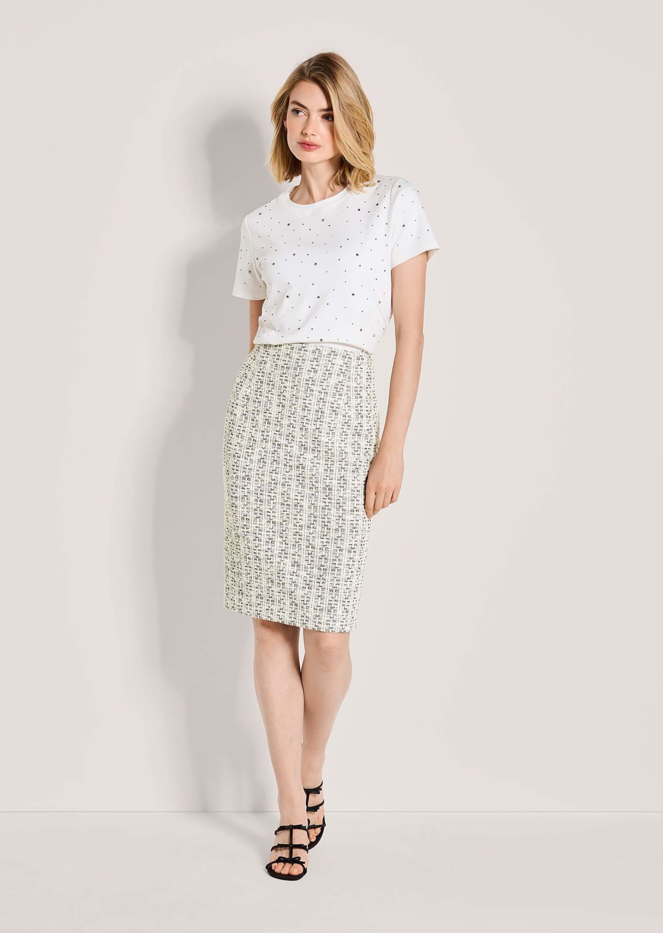 MADELEINE Bleistiftrock Bleistiftrock in Tweed-Optik Bundloser Midirock mit Reißverschluss, Schlitz und Knielänge