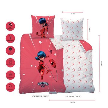 Bettwäsche Ladybug Miraculous 135x200 + 80x80 cm, 100 % Baumwolle, MTOnlinehandel, Renforcé, 2 teilig, rote Kinderbettwäsche, Mädchenbettwäsche mit Wendemotiv
