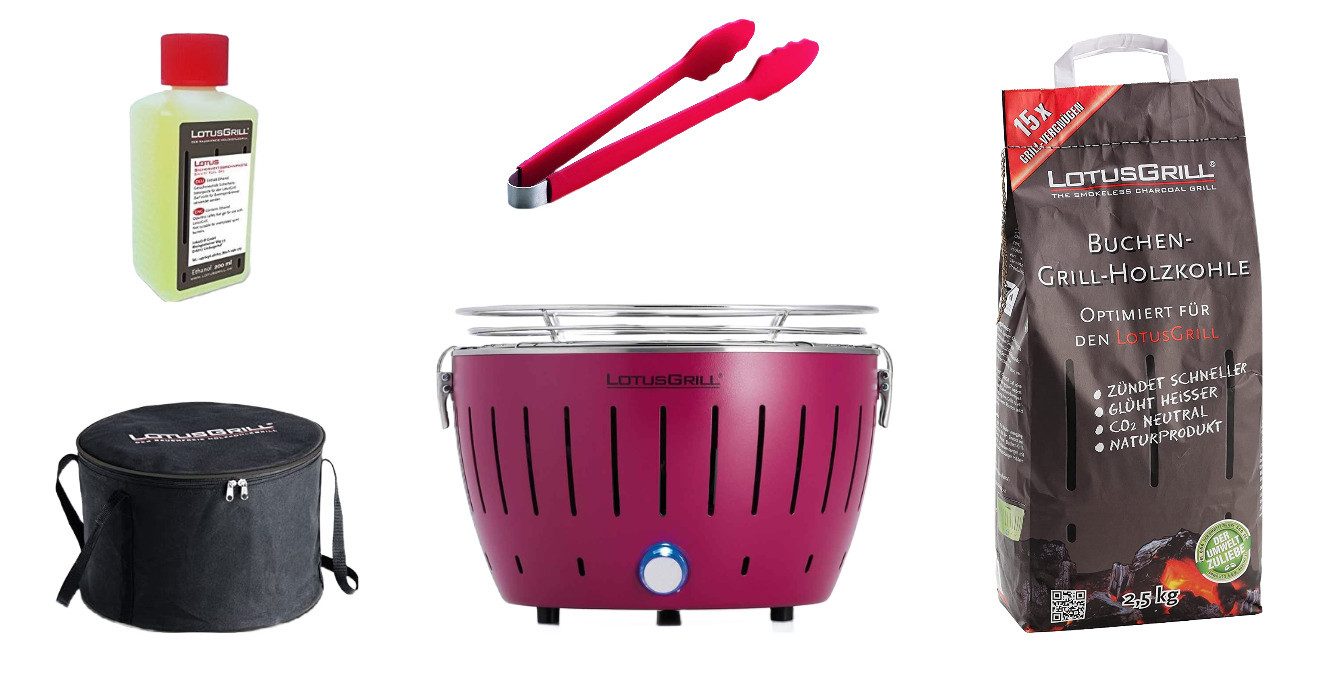 LotusGrill Holzkohlegrill LotusGrill S Small Kompakt Starter-Set Pflaumenlila Holzkohlegrill 5tl