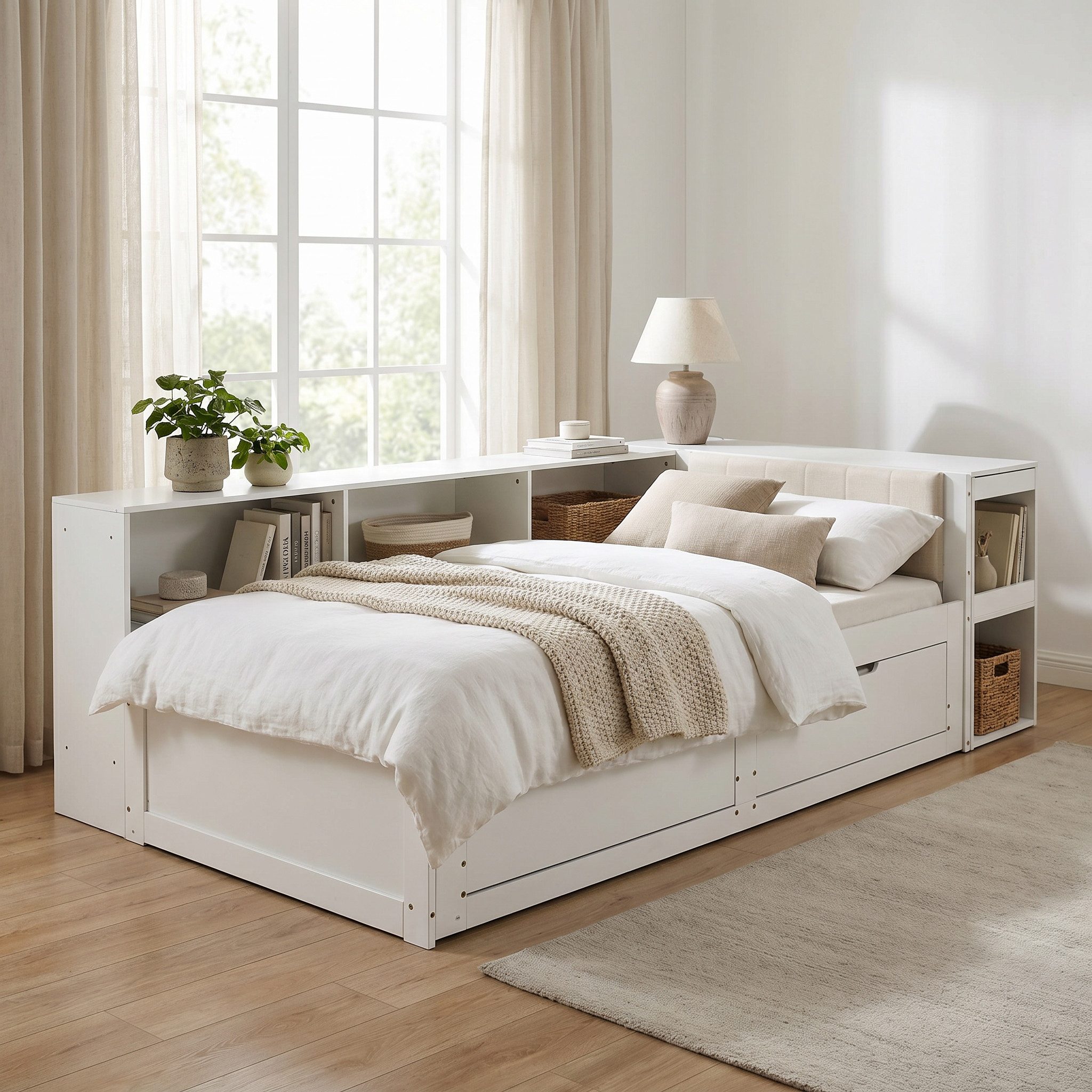 OKWISH Stauraumbett 90x200cm ausziehbarer Bettrahmen in Weiß mit Schreibtisch & Leseecke (Packung, 1-tlg., Steckdose, 2 Unterbett-Schubladen & Lattenrost), Platzsparendes All-in-One-Bett für Kinder & Jugendliche(ohne Matratze)