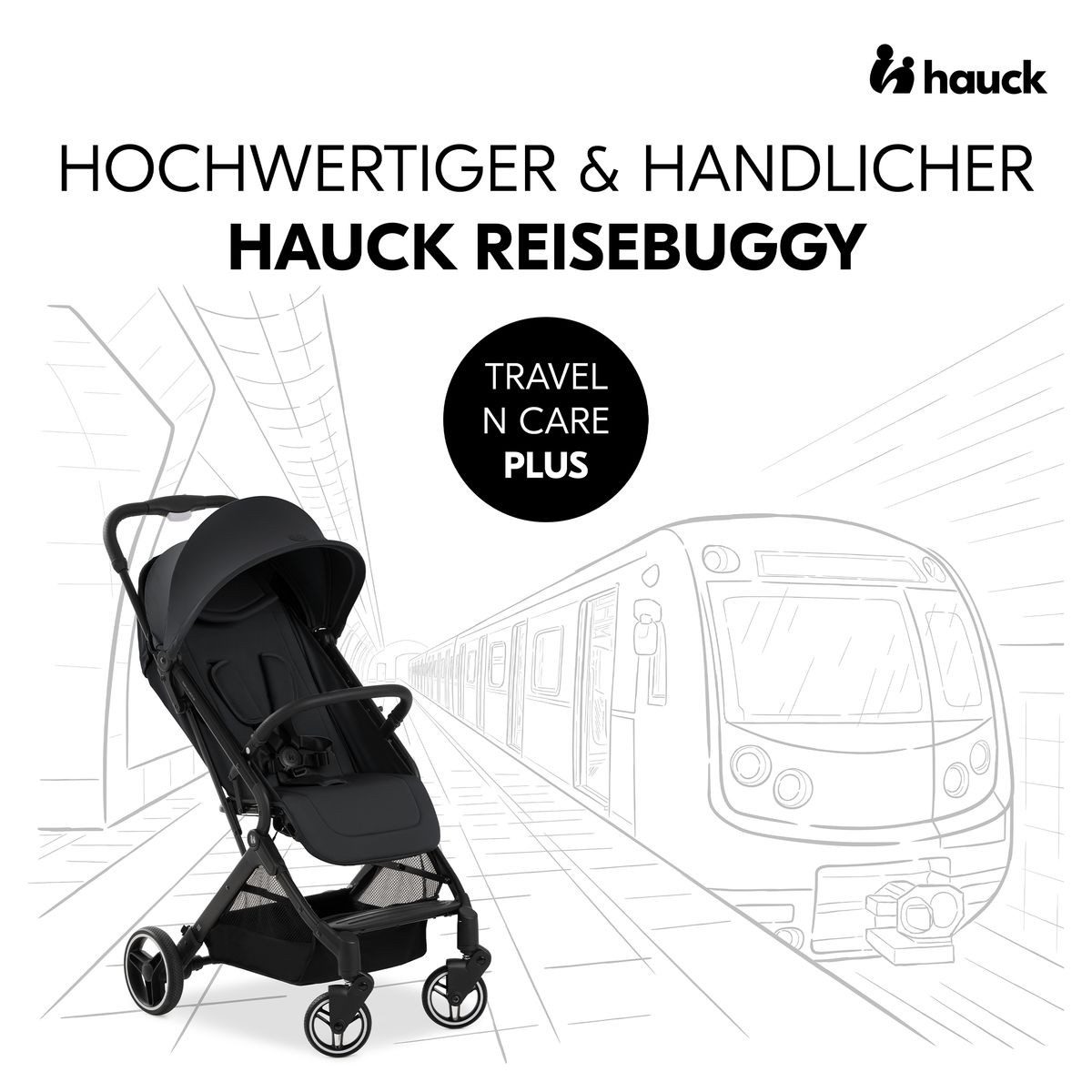 Hauck Sportbuggy Travel N Care Plus - Black, Reisebuggy Sportwagen mit Liegefunktion inkl. Sitzauflage & Lenkrad