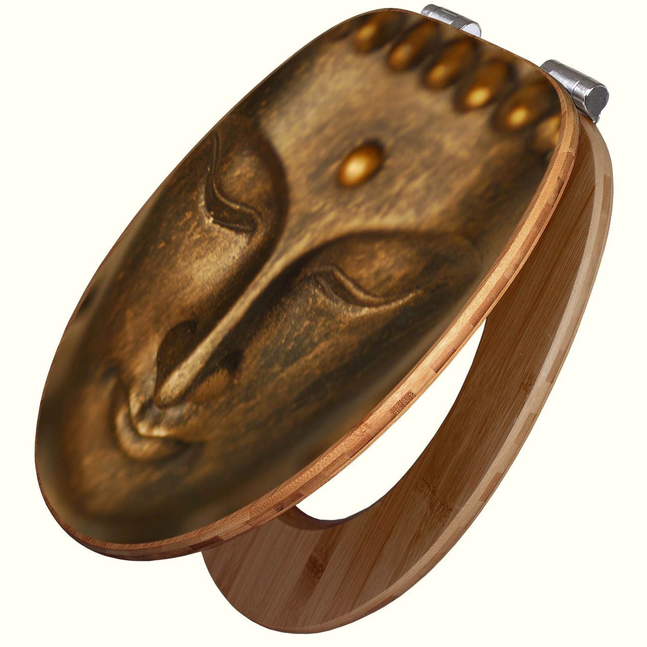 banjado WC-Sitz aus Bambus mit Absenkautomatik Motiv Buddha Gold (umweltfreundliches Material, integrierte Absenkautomatik), 45,8 x 37,5 x 5 cm