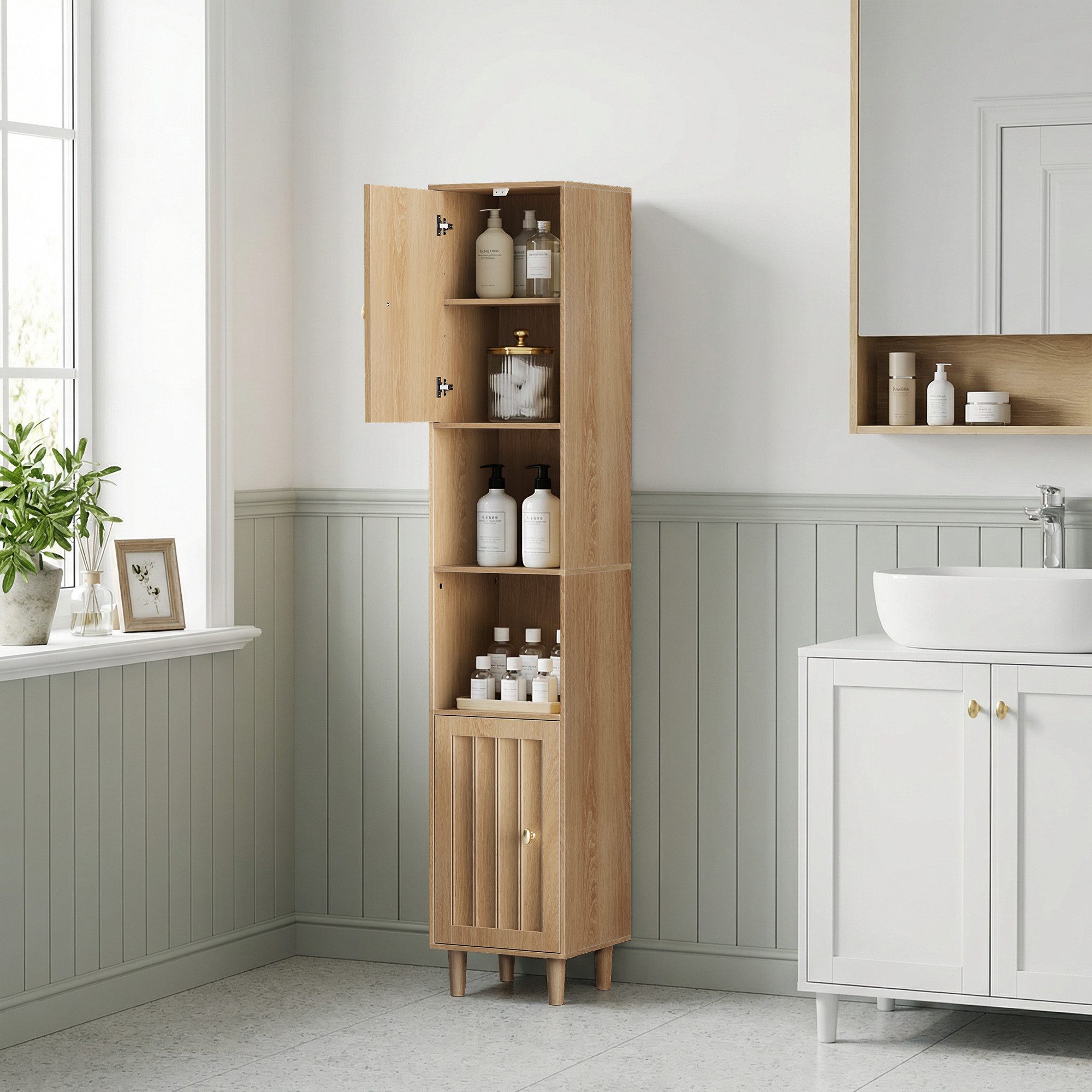 Yorbay Badkommode Badezimmerschrank schmal, Hochschrank mit Türen und offenen Fächern, Freistehender Badschrank mit verstellbaren Einlegeböden, Eiche Optik