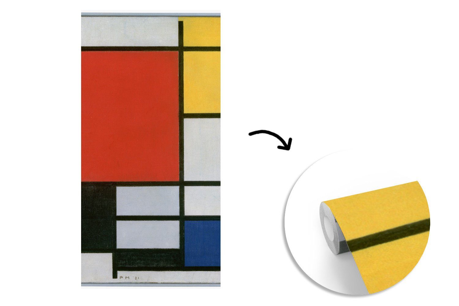 bedruckt, Gelb Wohnzimmer Matt, Vliestapete Rot Piet Komposition für Fototapete Blau Küche, - Mondrian, (2 Schlafzimmer in 2 MuchoWow Fototapete St), und