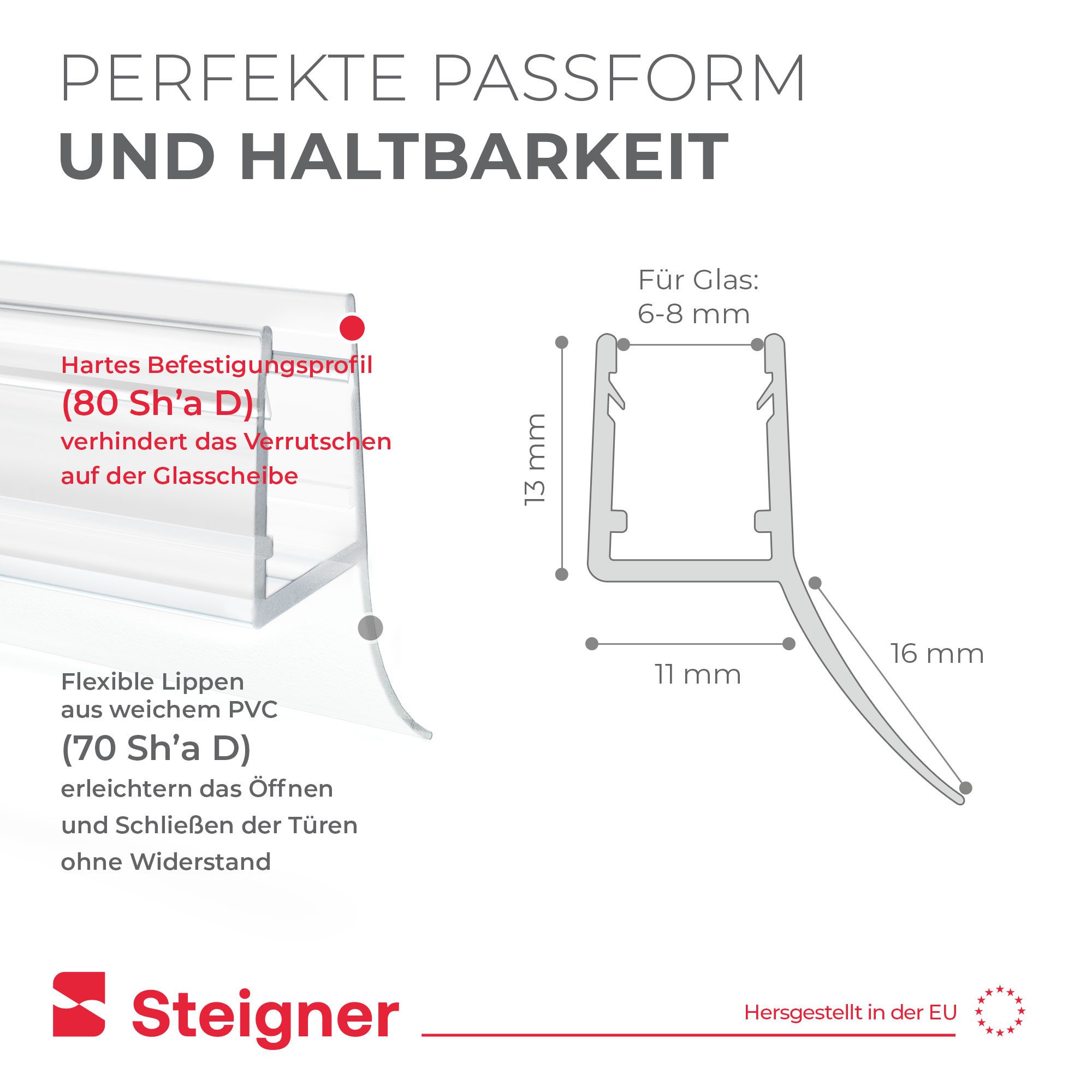 STEIGNER Duschdichtung Duschtürdichtung Gerade UK12 30 cm (1 Stk) Transparent 6-8 mm, L: 30 cm, (1 Stück Packung, Einzeldichtung), Dichtungfür Eckeinstieg Dusch – Bild 4 von 5