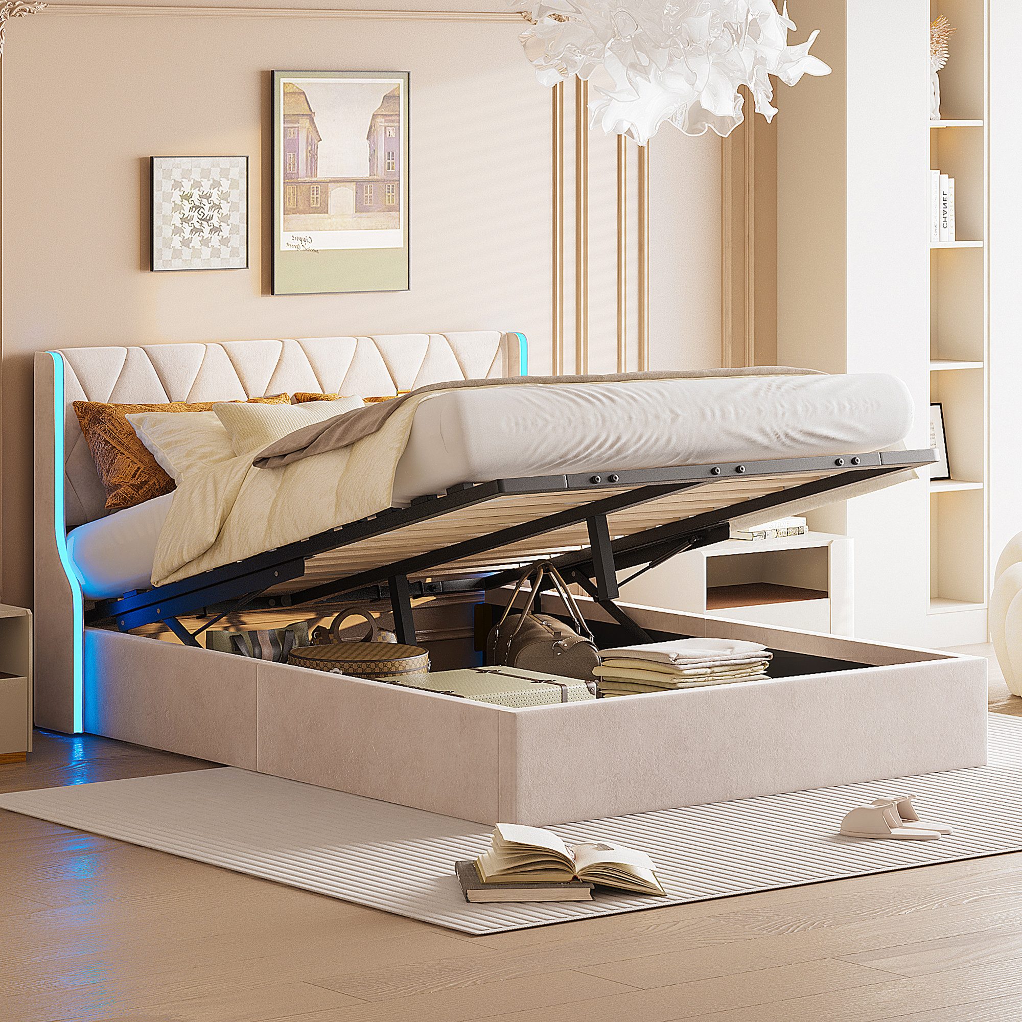 Furnishings Home Polsterbett Stauraumbett Doppelbett LED (Hydraulisch hebba günstig online kaufen