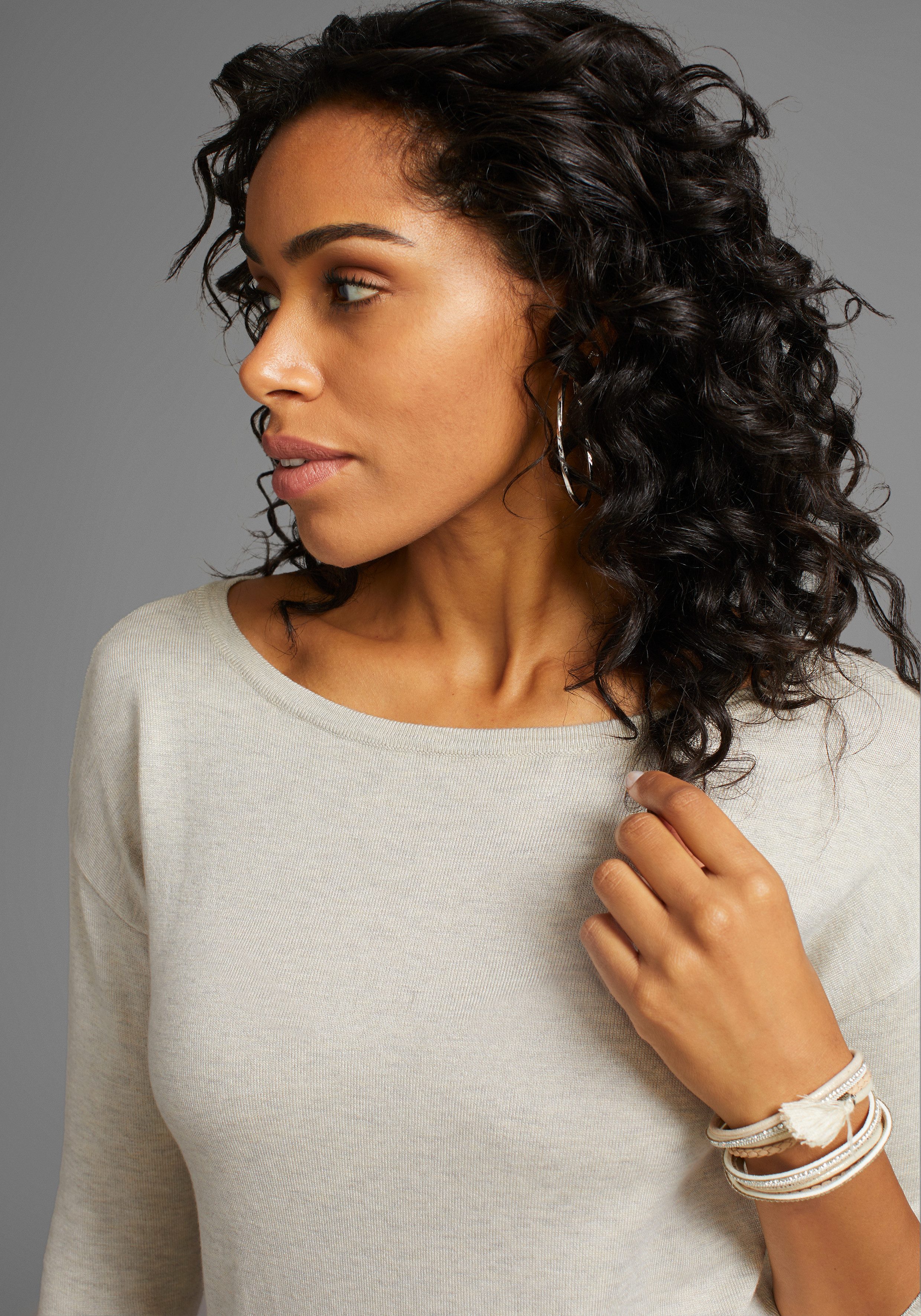 Laura Scott Longpullover Feinstrick mit U-Boot Ausschnitt und seitlichem Schlitz