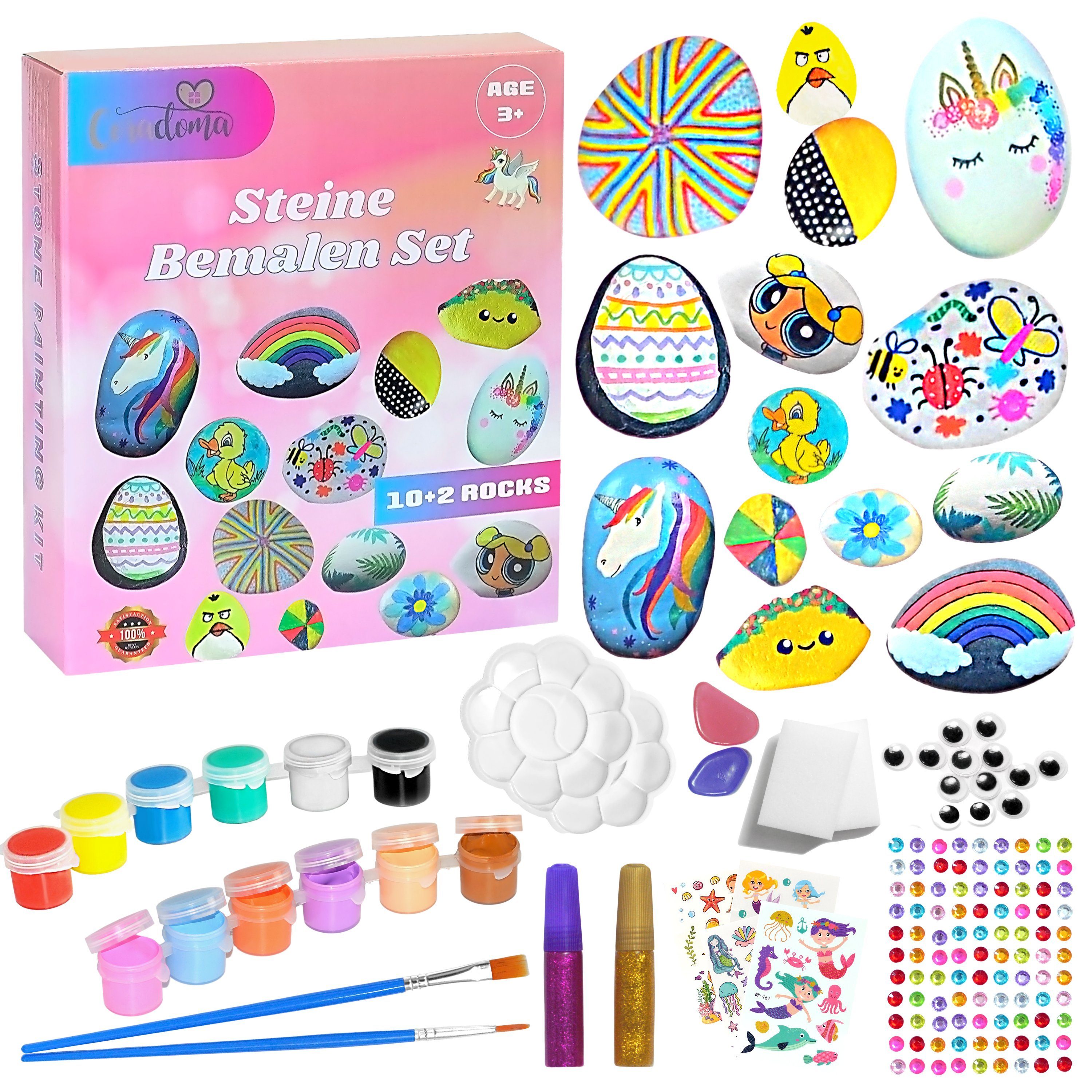 Coradoma Kreativset Steine zum Bemalen DIY Set Bastelset Kinder Malen Kreativ, (Bastelset, 10 Steine + 2 Leuchtsteine)