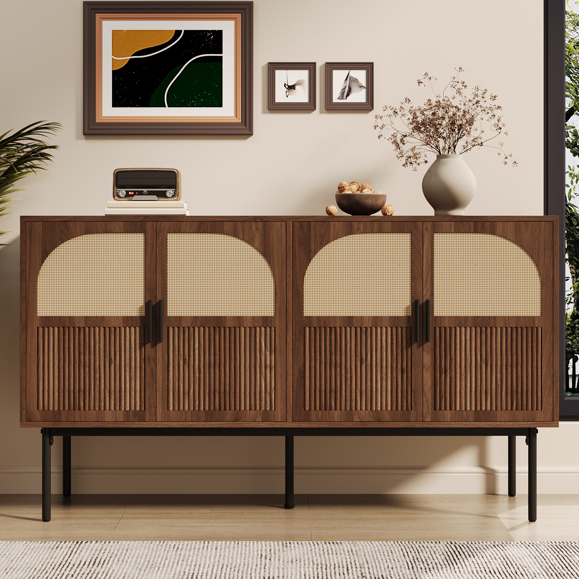 Merax Sideboard mit 4 Türen, Rattanfurnier und Walnussholz-Optik (1 St., Au günstig online kaufen
