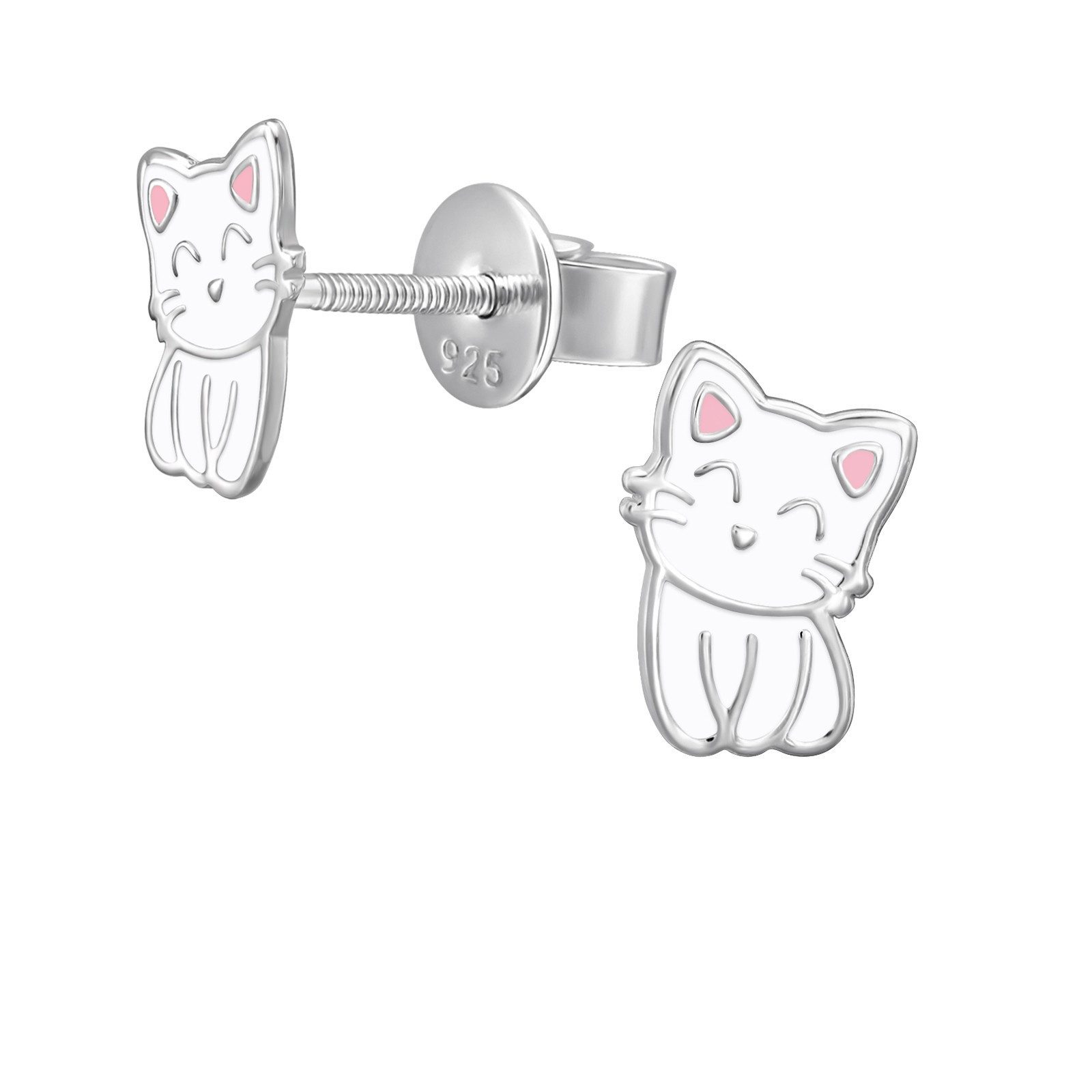 Ohrring-Set Ohrstecker weiße Katze aus 925 Silber Kinder