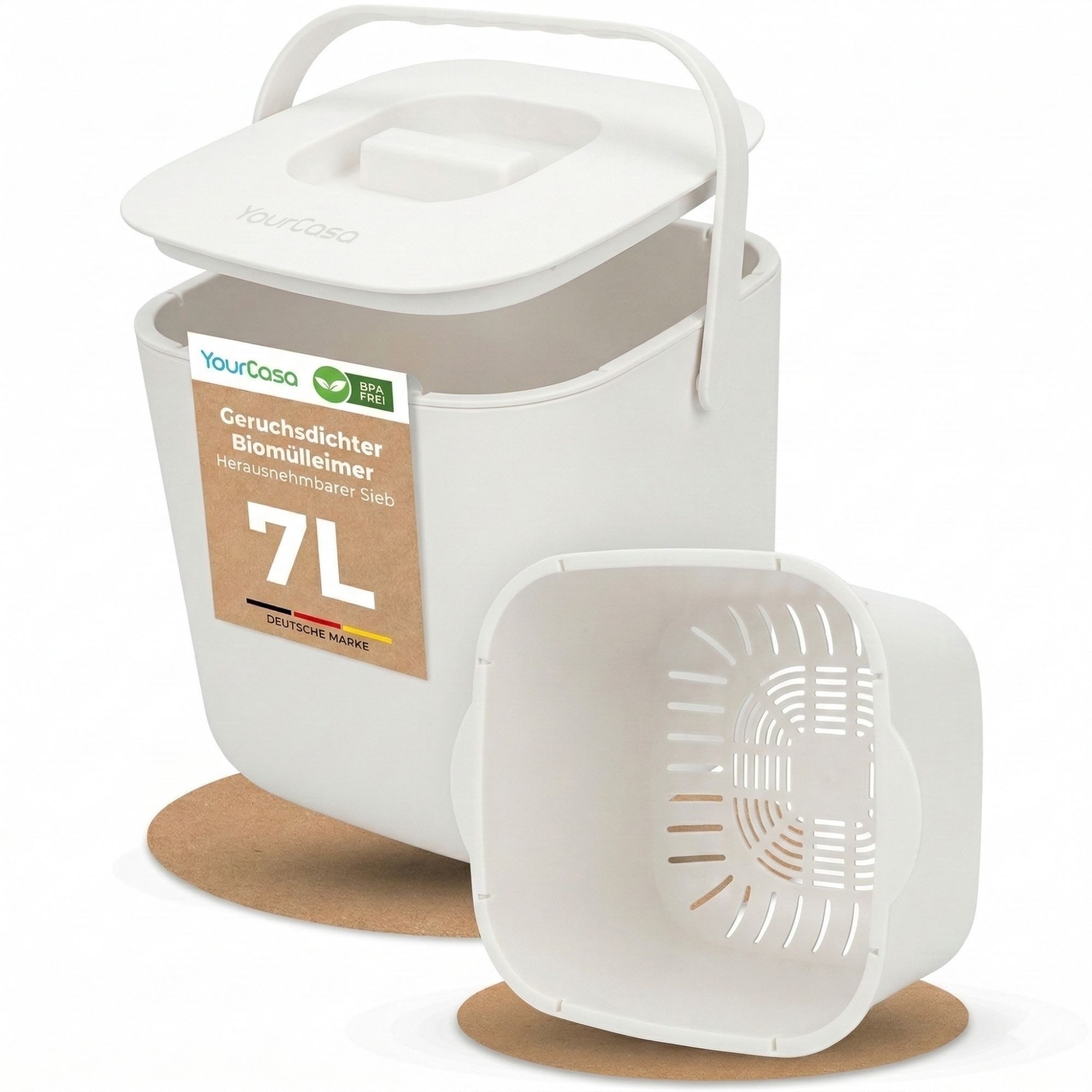 YourCasa Biomülleimer YourCasa® Biomülleimer Küche - Komposteimer für alltäglichen Biomüll, Mit Sieb, Spülmaschinenfest