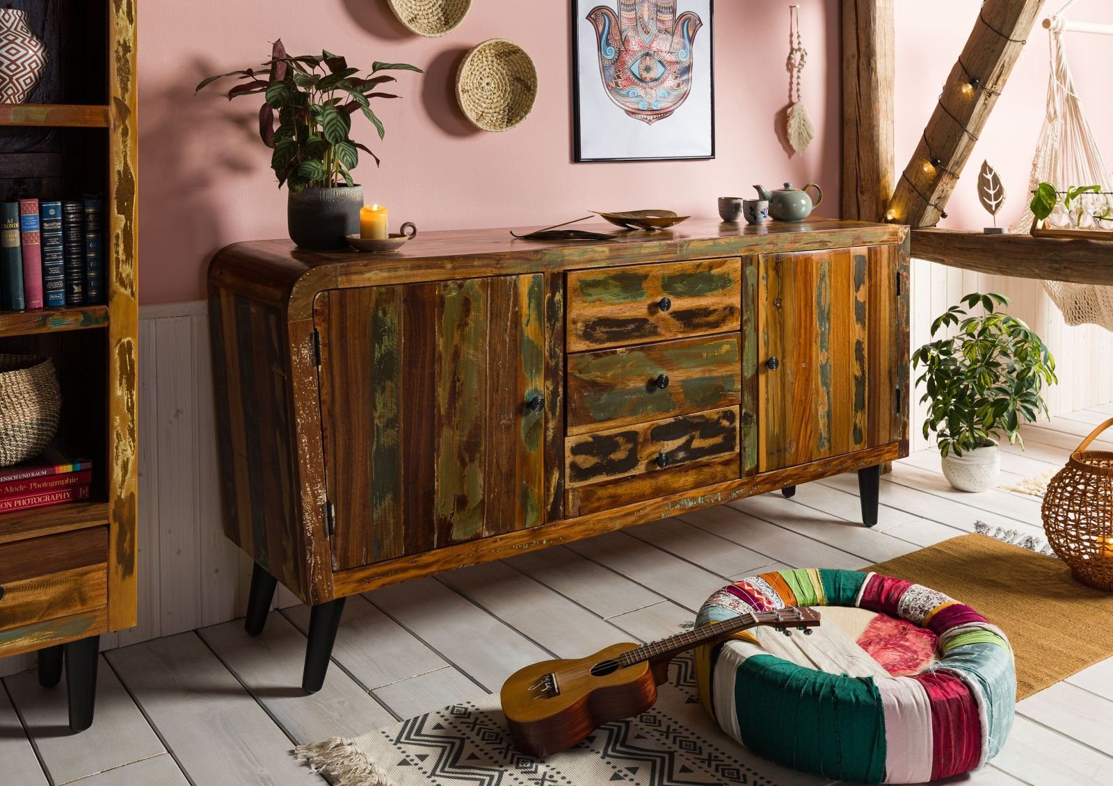 Massivmoebel24 Sideboard SIXTIES (Massivholz), Sideboard Altholz 180x45x86 mehrfarbig lackiert SIXTIES #110
