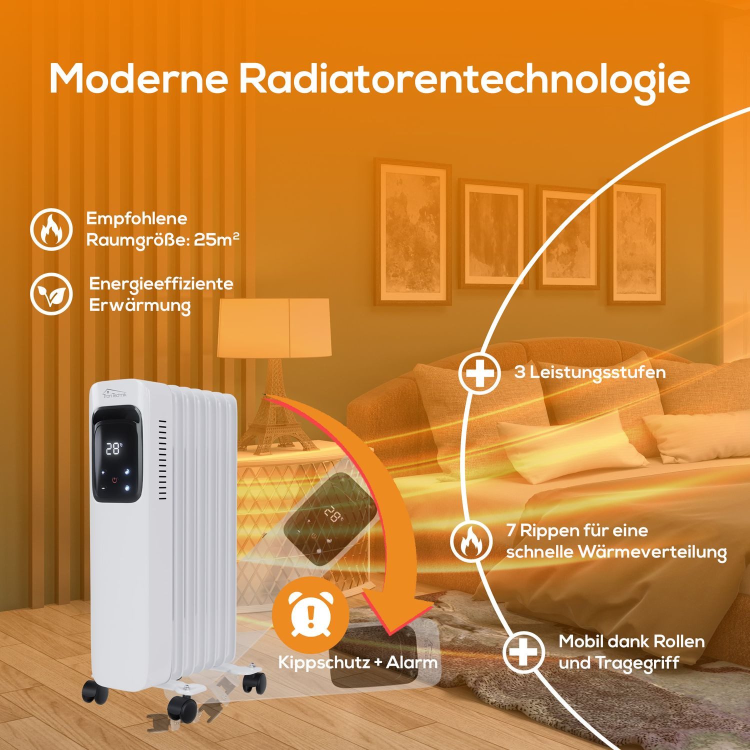 TroniTechnik Ölradiator Ölradiator in weiß, mobile Elektroheizung 7 Rippen, 1500Watt, energiesparend, Elektroheizung, 1500 Watt, 3 Stufen – Bild 4 von 5