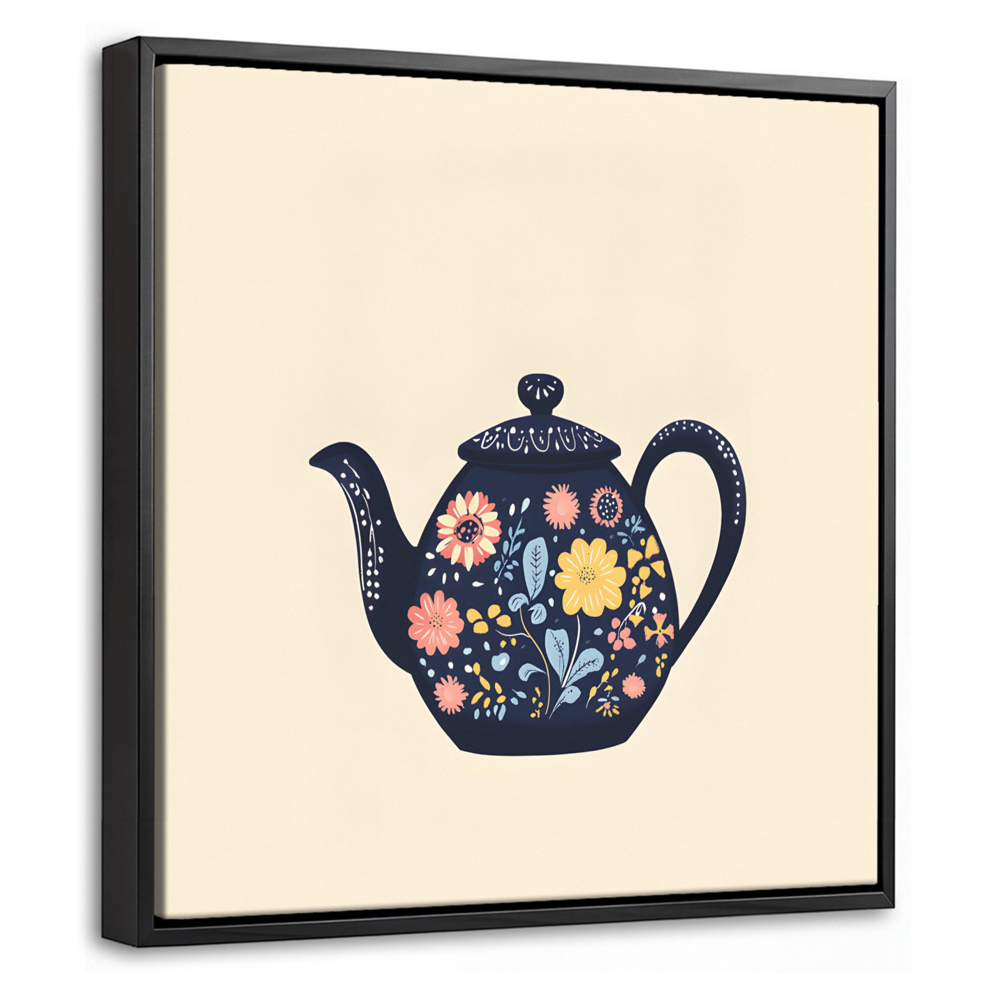 OneMillionCanvasses® Leinwandbild mit Rahmen - Teekanne - Bunt - Blumen, Fotodruck (1 St), Leinwand Bilder Klein, Wand Dekoration Aesthetic 20x20cm