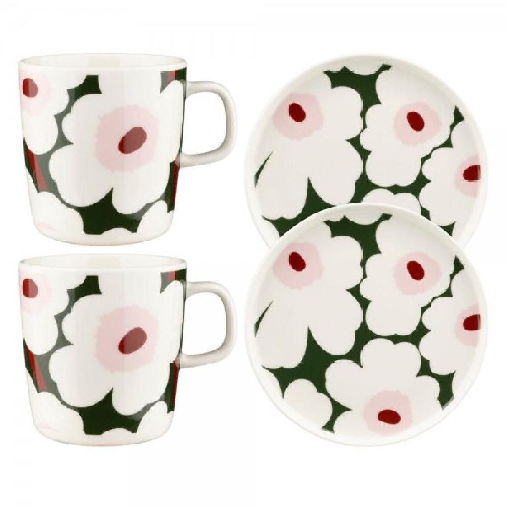 Marimekko Geschirr-Set Geschirr-Set Oiva Unikko Frühstück Weiß Grün Rosa (4-teilig)