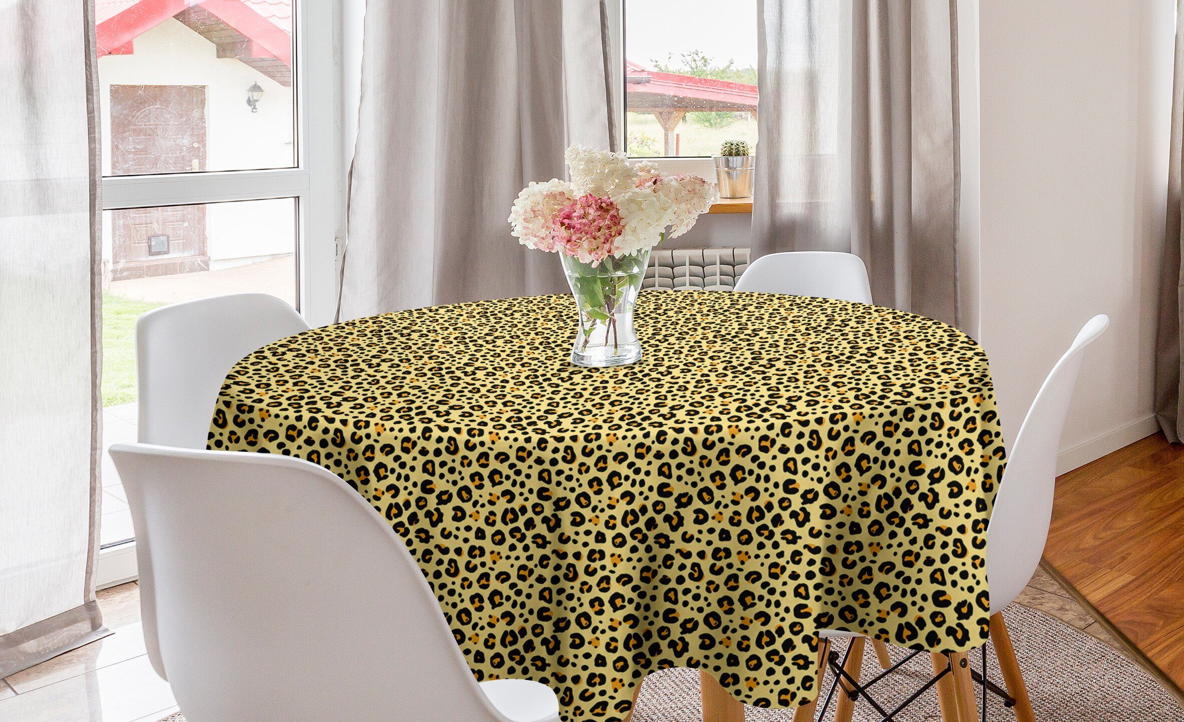 Abakuhaus Tischdecke Kreis Tischdecke Abdeckung für Esszimmer Küche Dekoration, Gelb Braun Leopard-Tierdruck
