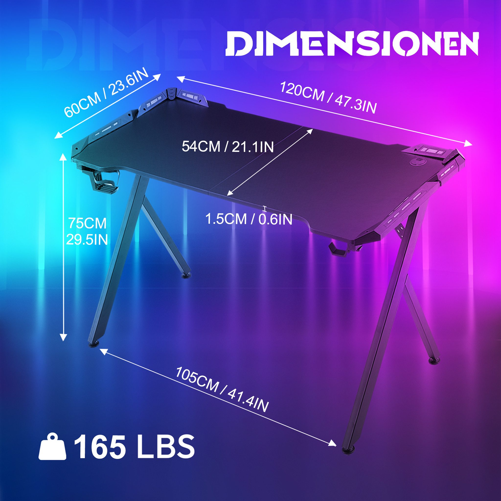 FIVMEN Computertisch Gaming Schreibtisch Mit Licht Y-Frame Stehpult in Gamingtisch