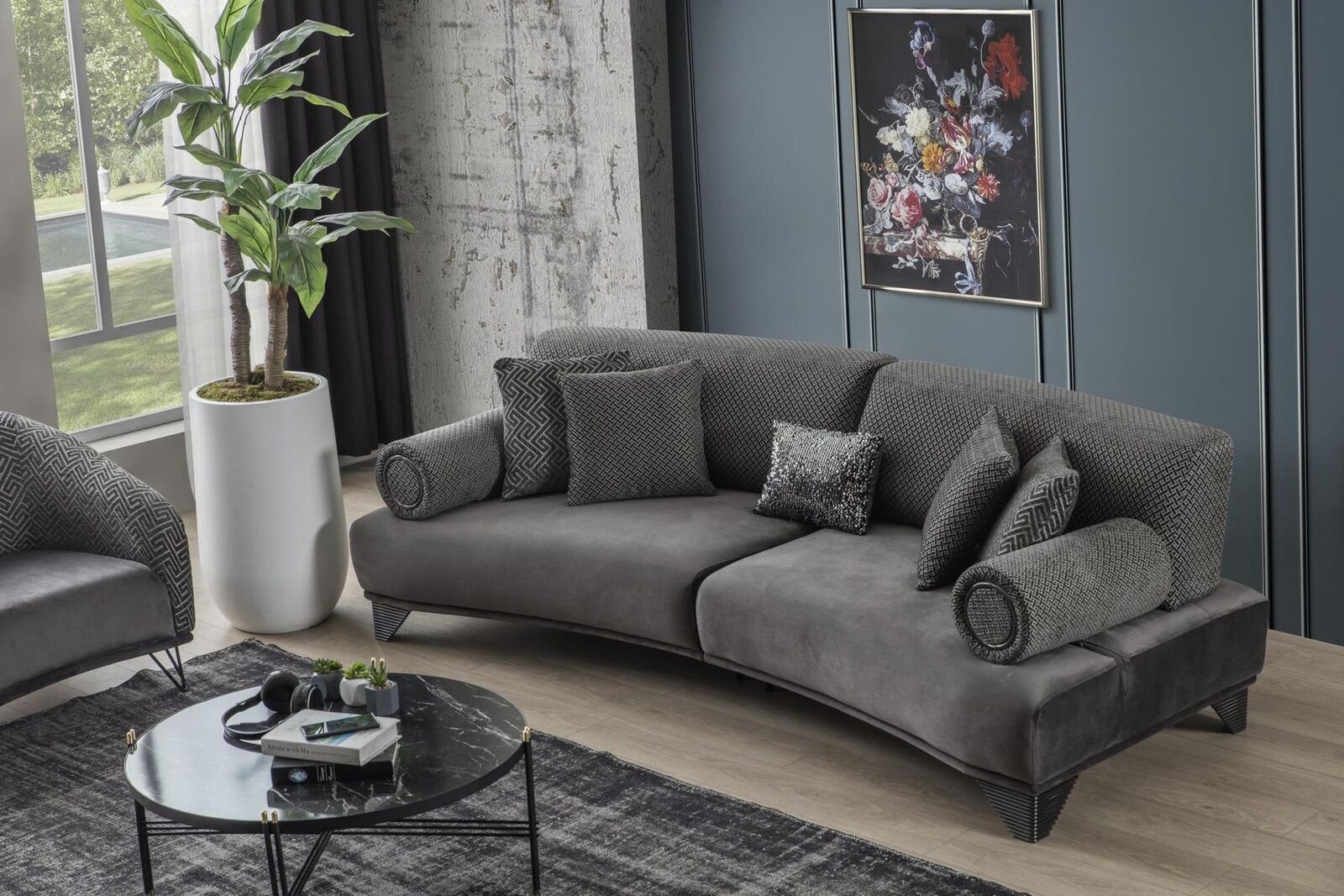 JVmoebel Sofa Luxus Sofa Dreisitzer Wohnzimmer Gebogene Couch Stoff Design