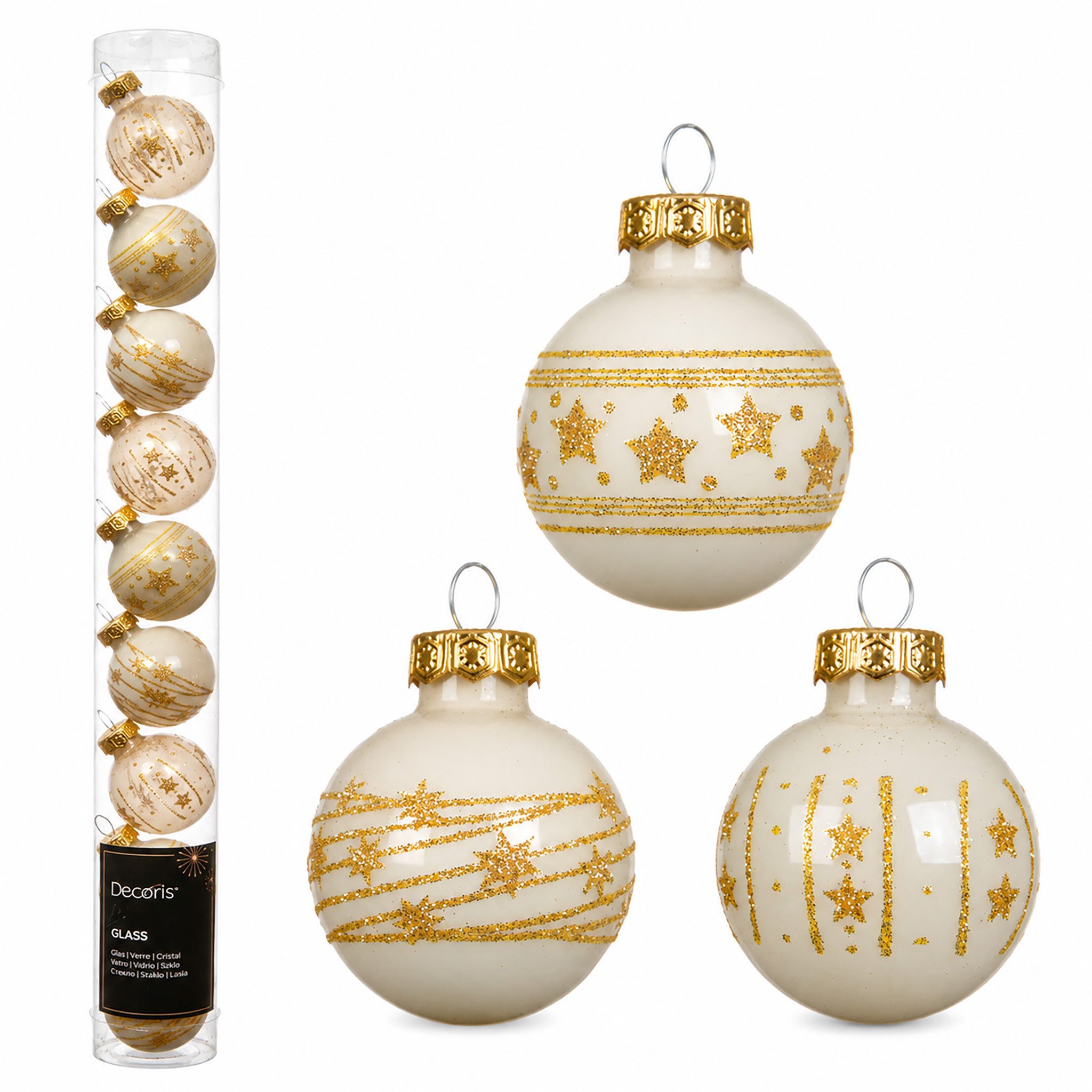 Kaemingk Weihnachtsbaumkugel, Weihnachtskugeln Glas mit Motiven 3cm 9 Stk. Wollweiß transparent