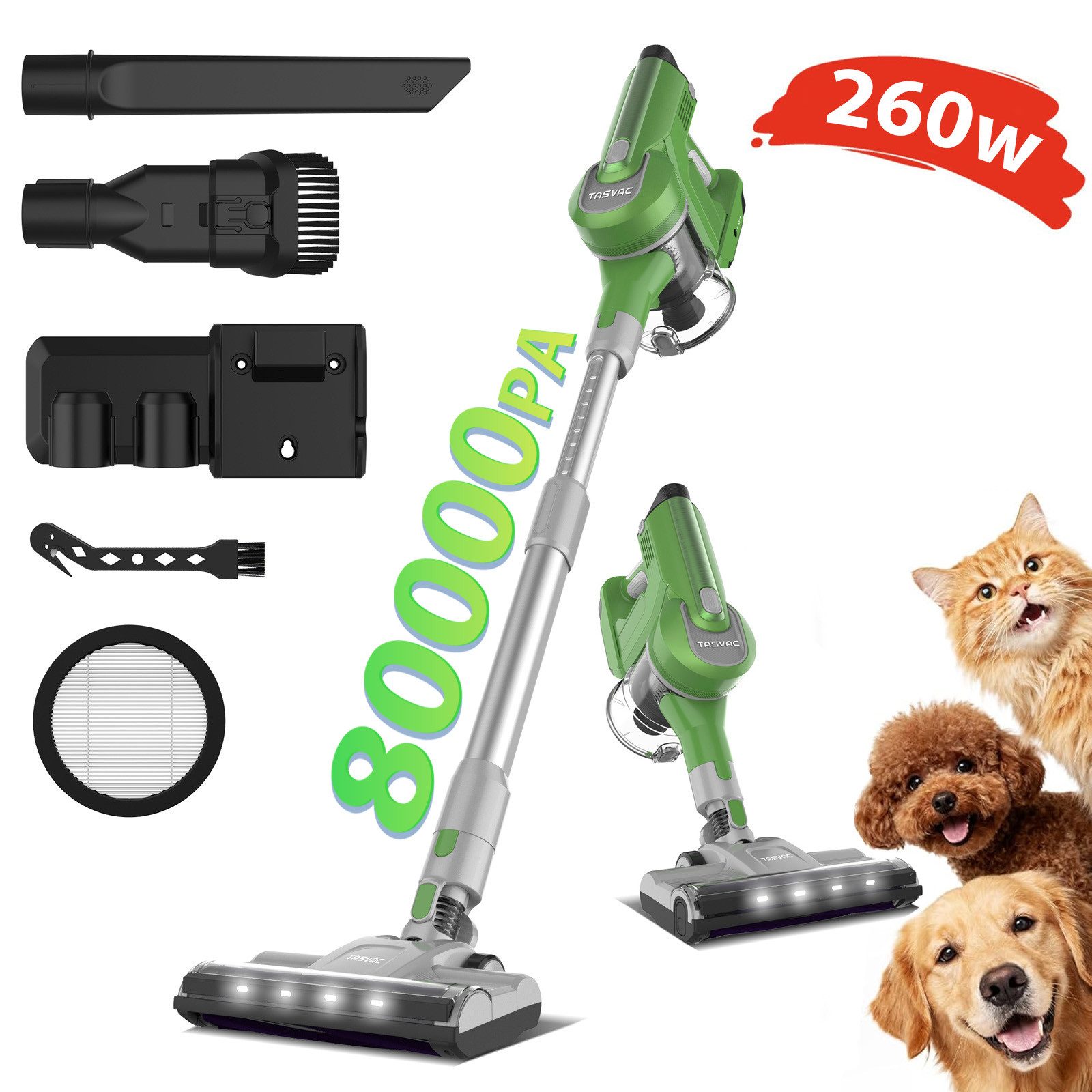 TASVAC Akku-Hand-und Stielstaubsauger Akku Staubsauger 80000Pa/260W/50Min, 1.7 L Staubsauger Kabellos, 260 W, mit Beutel, 50dB leise/5-Stufen-Filter/LED Display, Ideal für Böden/Teppiche/Auto