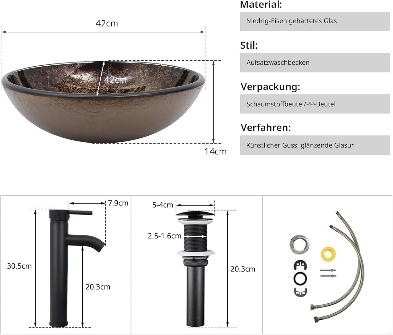 Puluomis Aufsatzwaschbecken Waschbecken Set mit Wasserhahn und Ablaufgarnitur Rund Braun Schwarz, Handgezeichnet Waschschale, Waschplätze für Badezimmer Küche WC