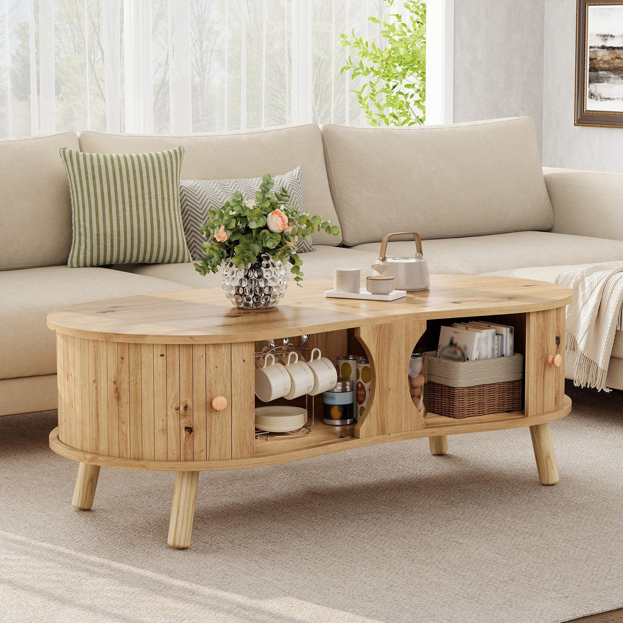 KLAM HOME Couchtisch Erbsenförmiger Couchtisch mit Rillenoptik & 2 Schiebetüren (Moderner Wohnzimmertisch in Holzoptik mit Massivholzbeinen), Skandinavischer Couchtisch aus MDF mit Stauraum