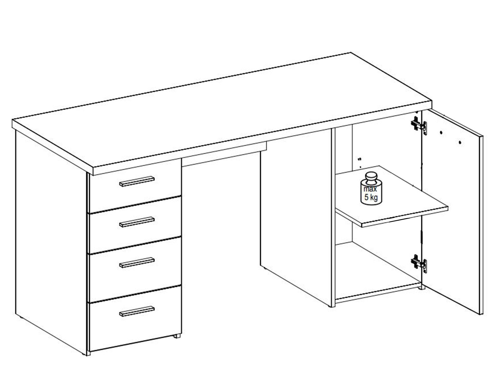 möbelando Schreibtisch Balu, Moderner Schreibtisch Tiefe 4 aus Spanplatte Matt mit und 1 145 Schubkästen, 76,3 Breite Einlegeboden. cm, Höhe 60 cm Weiß Holztür cm, Weiß/Matt 1 in