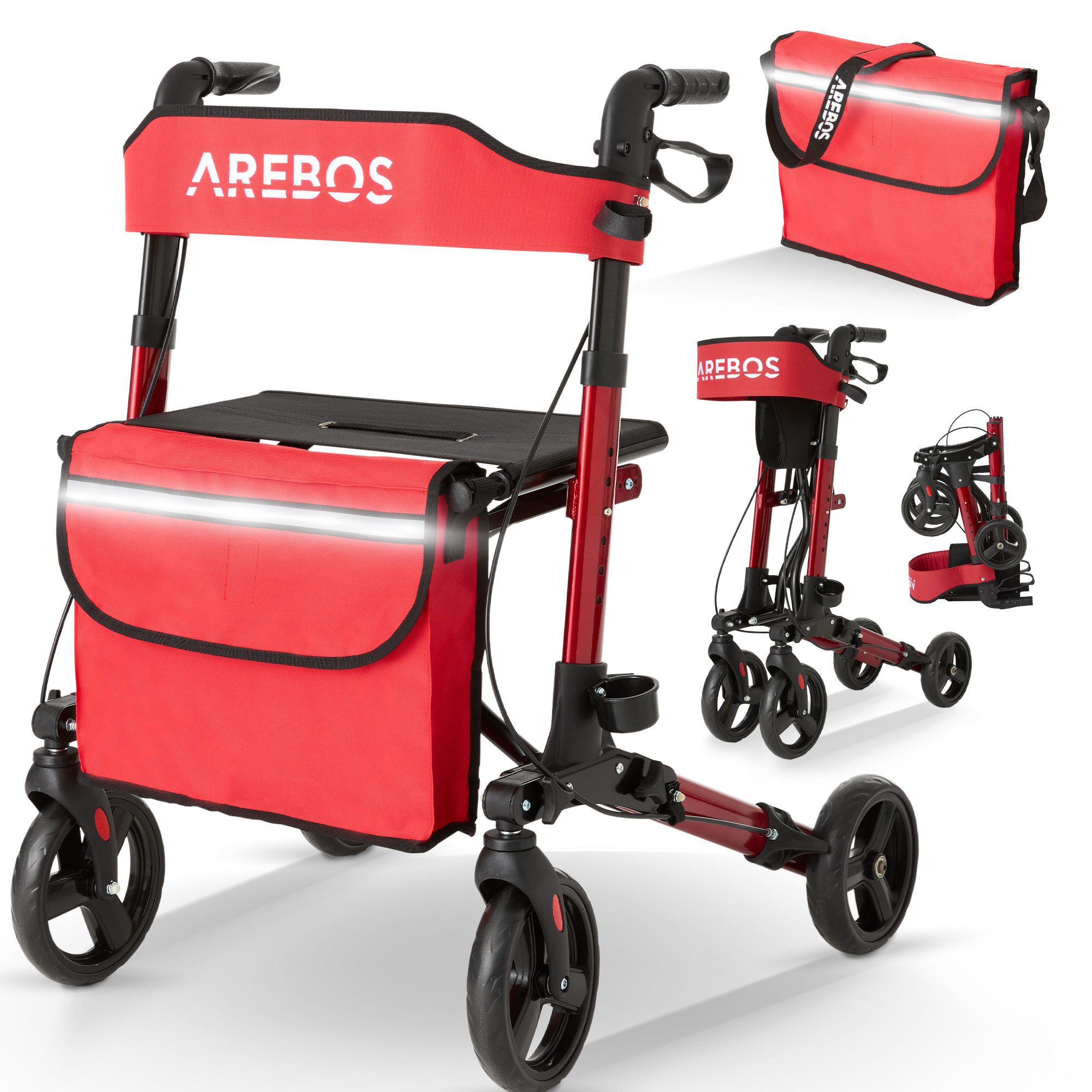 Arebos Rollator Aluminium faltbar 6-fach höhenverstellbar mit Tasche belastbar 136 kg, Ergonomische Griffe – komfortabel für lange Nutzung ohne Ermüdung