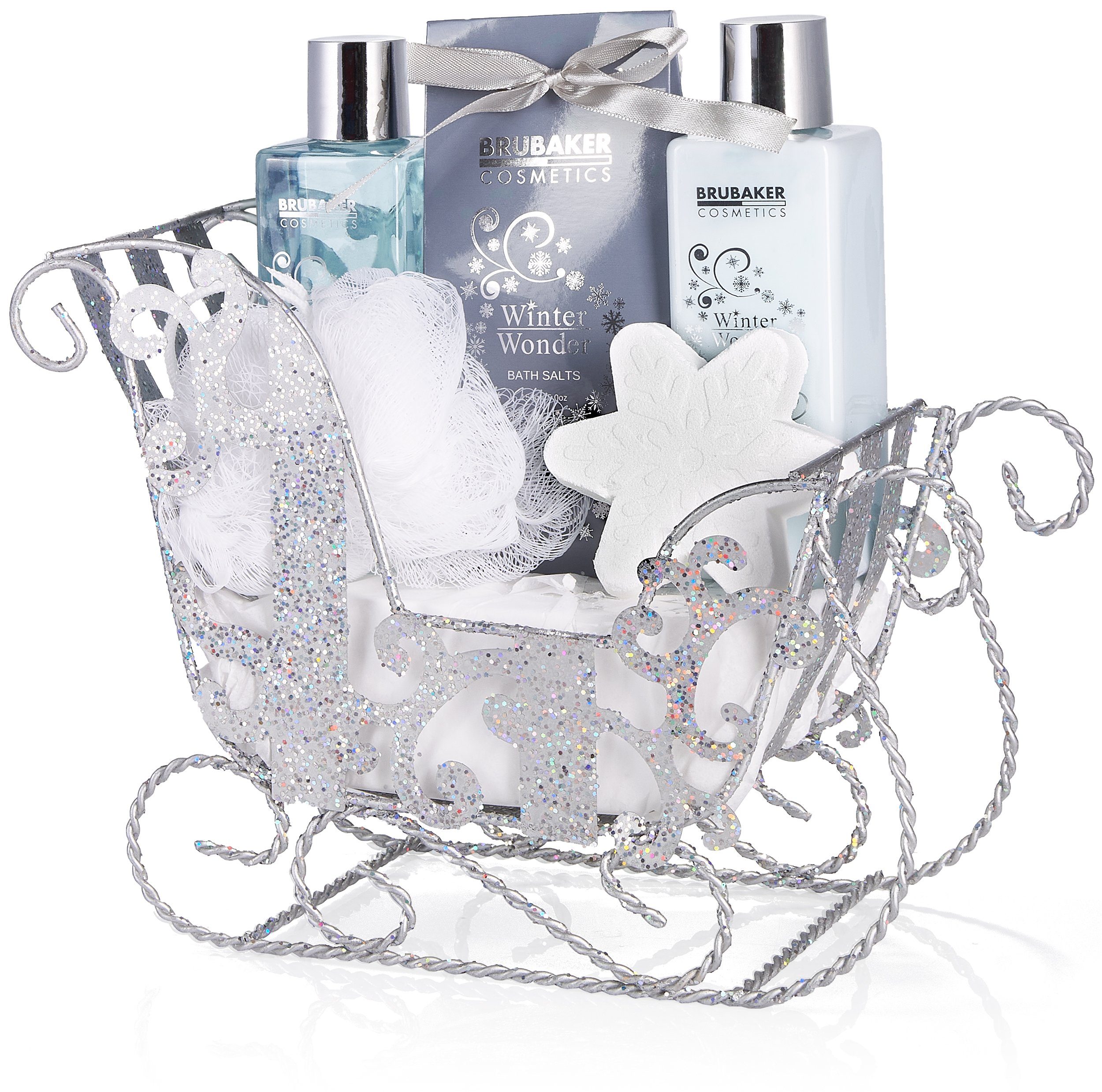 BRUBAKER Wellness-Pflegeset Dusch- und Badeset mit Vanille Duft, Pflegeset für Damen, Silber, 6-tlg., Set, Frauen Geschenkset Weihnachten in Glitzer Schlitten, Beauty