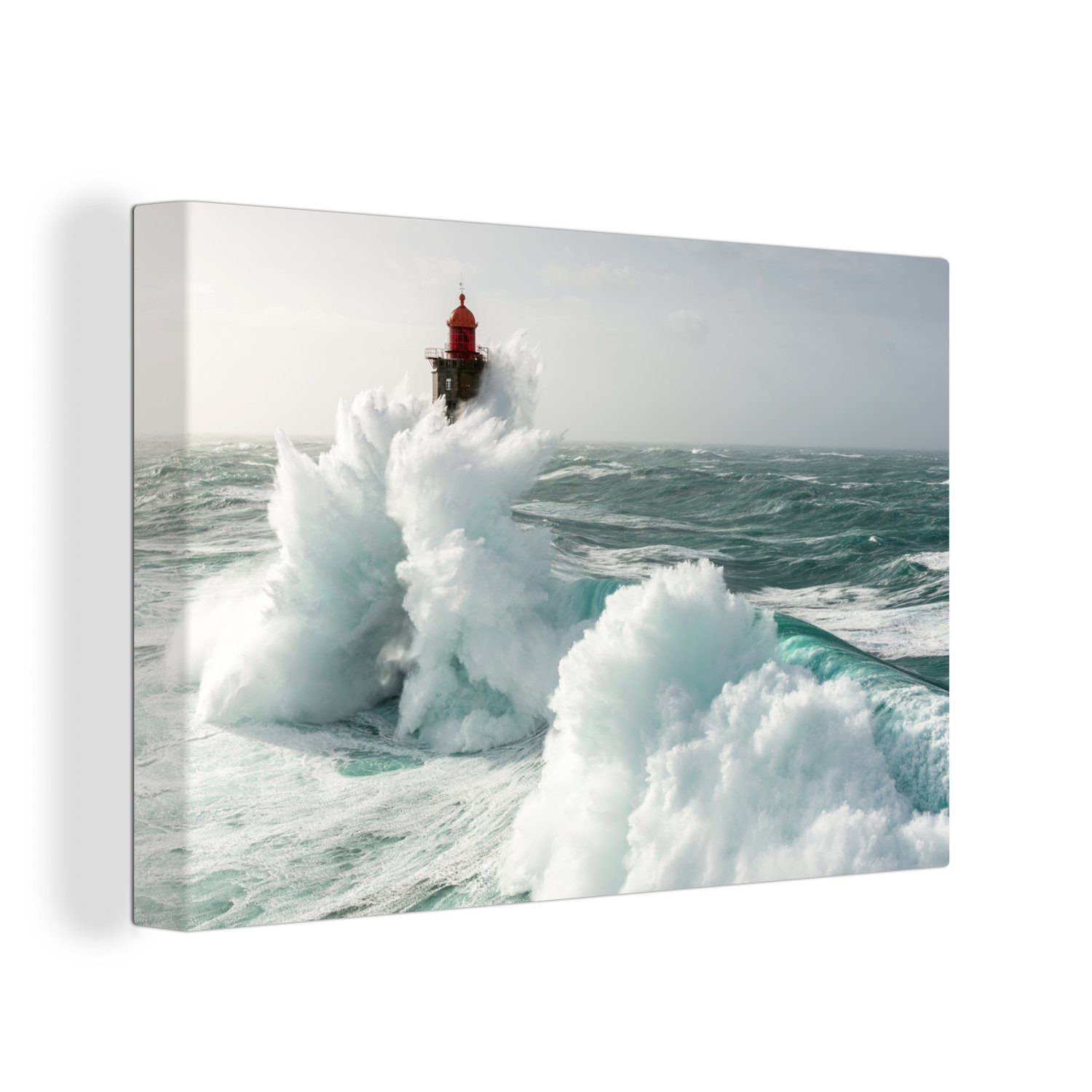 OneMillionCanvasses® Leinwandbild Welle trifft auf den Leuchtturm von La Jument, (1 St), Wandbild Leinwandbilder, Aufhängefertig, Wanddeko, 30x20 cm