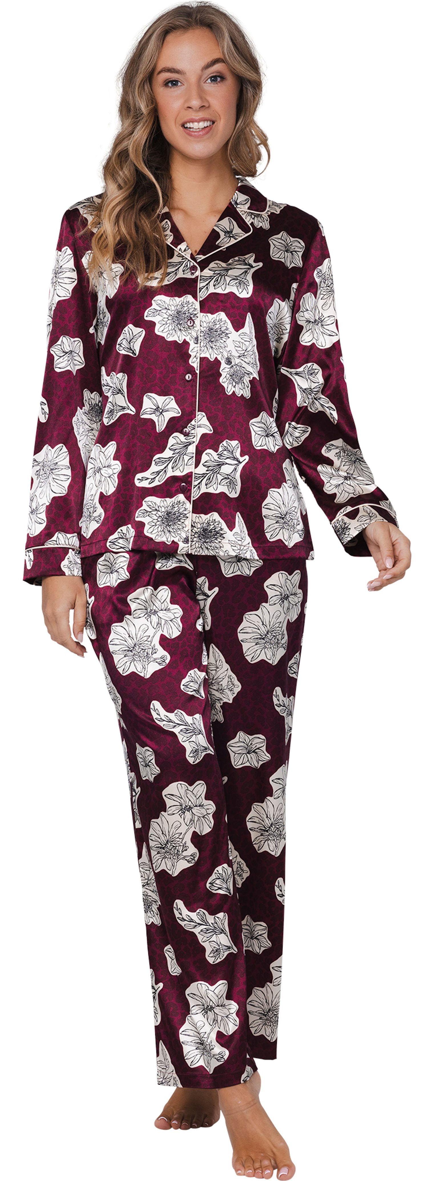 Schlafanzug Edler Damen Satin Pyjama geknöpft