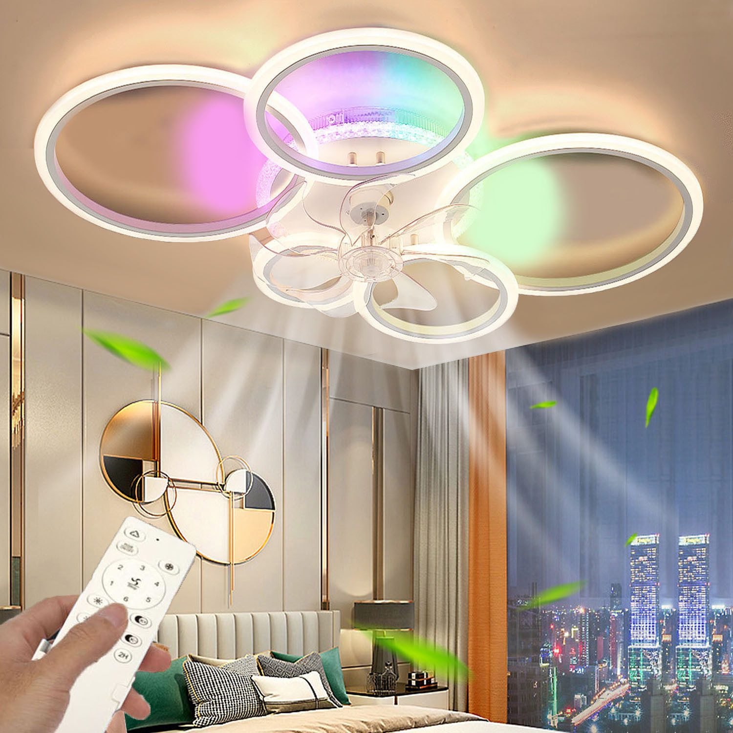 oyajia Deckenventilator 70W/97W Deckenleuchte mit RGB Hintergrundlicht, Leise Deckenventilator, 6 Geschwindigkeiten Ventilator, Deckenlampe mit RGB Farbwechsel Lampe