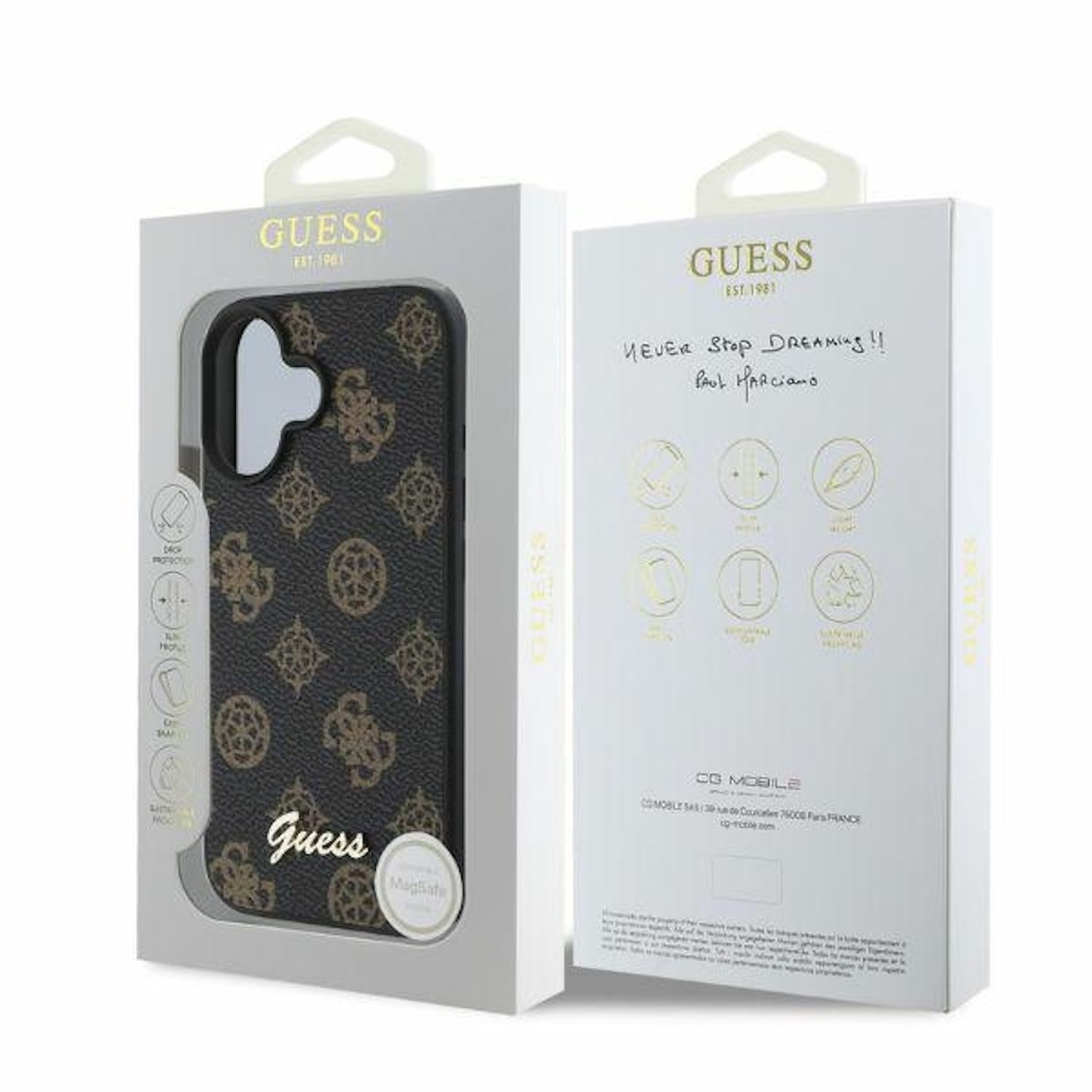 Guess Smartphone-Hülle GUESS Apple iPhone 16 Plus Hardcase Peony Script MagSafe Schwarz