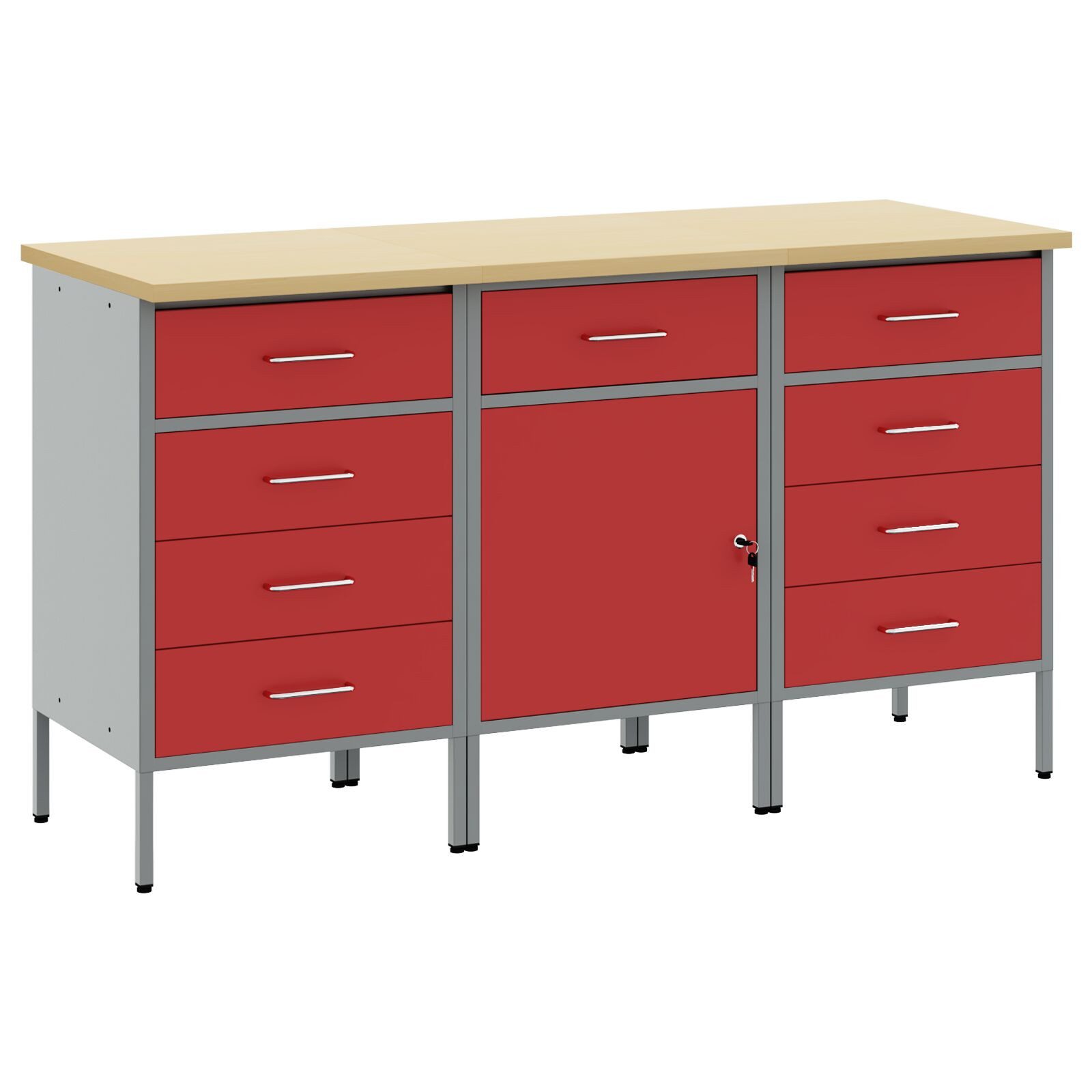 Werkbank 3-teiliges Werkbank-Schrank-Set in Rot und Grau aus Holzwerkstoff und