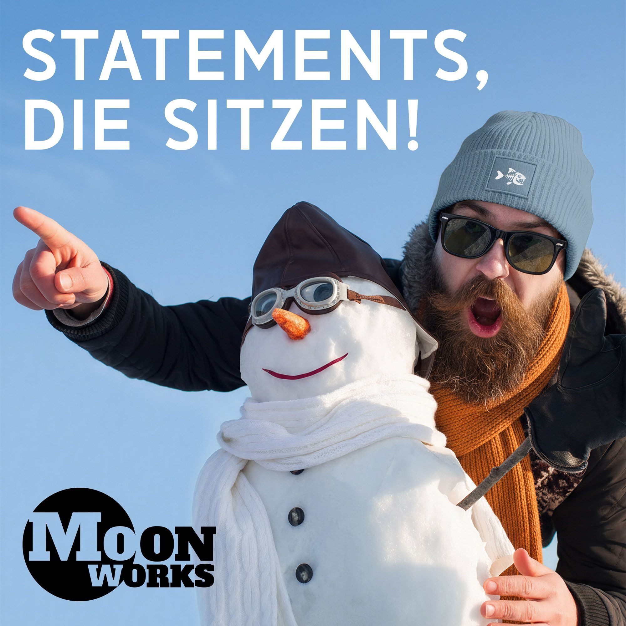 MoonWorks Strickmütze Herren Beanie Patch Piranha Grafik Print Lustig Wintermütze