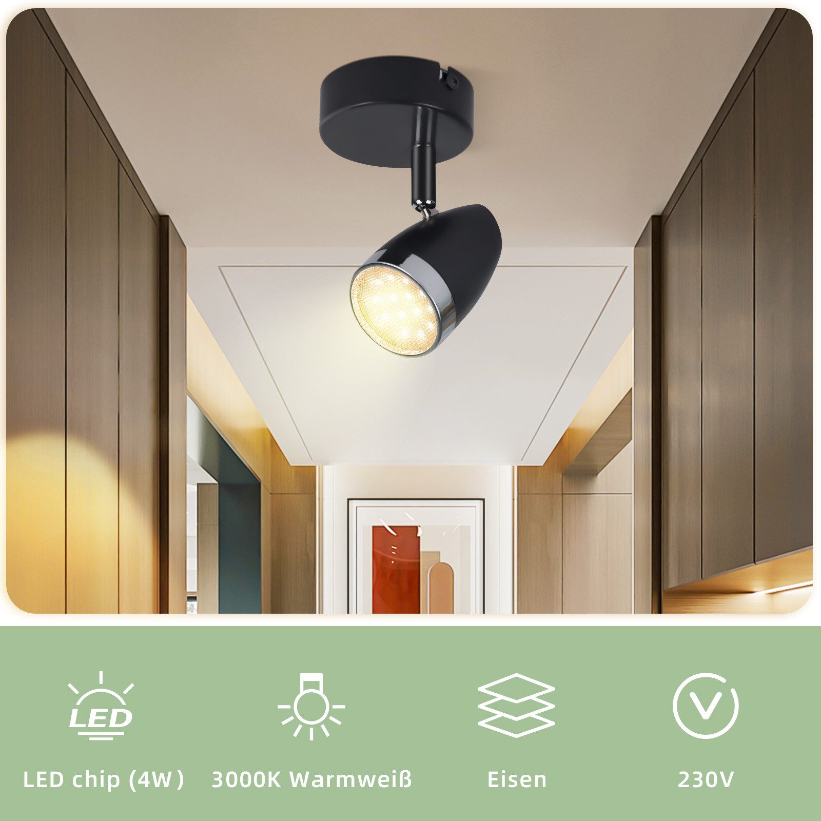 ZMH Deckenstrahler 1/2/3/4 Flammig 4/6/12/16W Deckenlampe schwenkbar 350° Wohnzimmer, Augenschutz, Einfache Installtion, LED fest integriert, Warmweiß, Schwarz 3000K schwenkbar 350° Deckenspot Flur Schlafzimmer