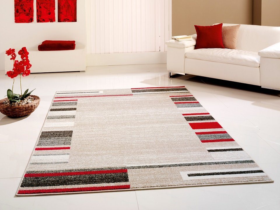 Teppich Teppich modern Design, beige-rot, Peyer Syntex, Rechteckig, Höhe: 8 mm, mit Bordüre, uni, für Wohnzimmer, Esszimmer, Schlafzimmer, Garderobe & Flur, Kinderzimmer, rechteckig