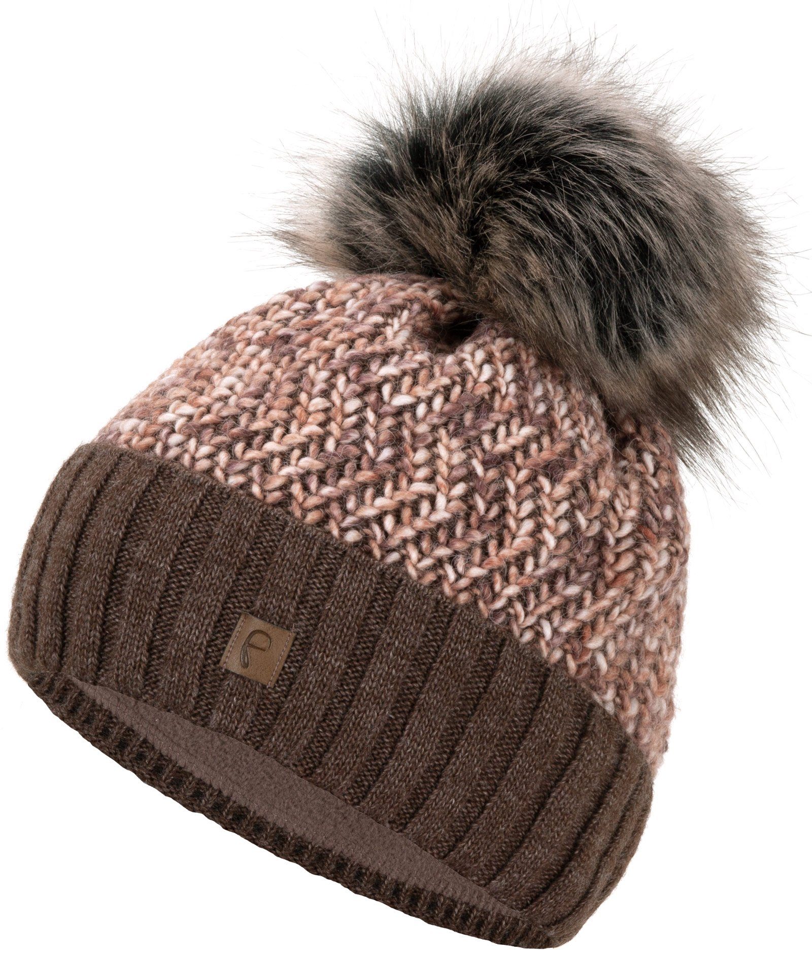 Faera Bommelmütze Wintermütze Damen Winter Mütze Beanie Haube gefüttert Strickmütze braun